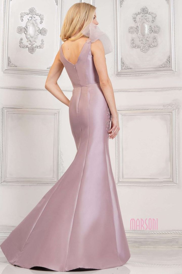 Marsoni by Colors -MV1309 V-Neck Floral Applique Mikado Mermaid Dress