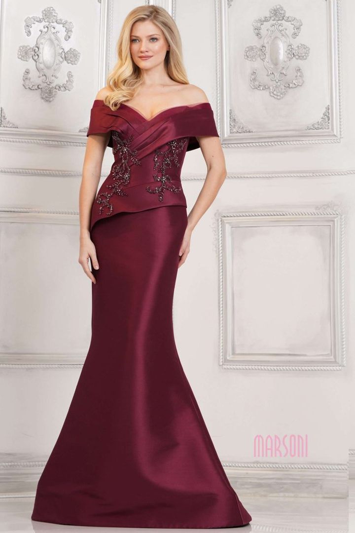 Marsoni by Colors -MV1312 Off Shoulder Beaded Applique Mermaid Dress