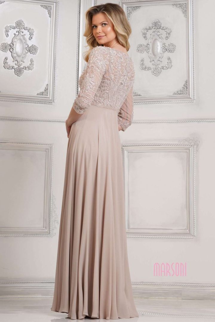 Marsoni by Colors -MV1322 Beaded Bodice Georgette A-Line Dress