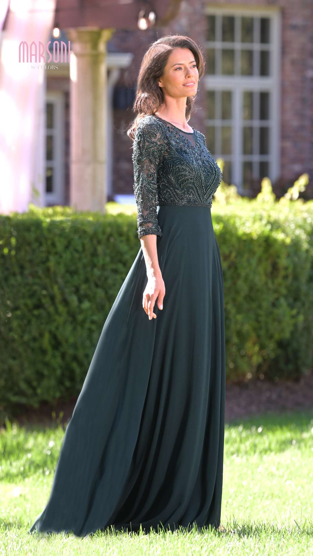 Clearance Sale Marsoni by Colors -MV1322CL Beaded Bodice Georgette A-Line Dress