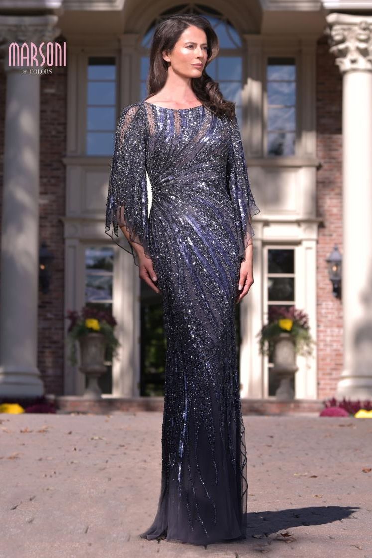 Marsoni by Colors  -MV1344 Bateau Neckline With Cape Sleeves Evening Gown