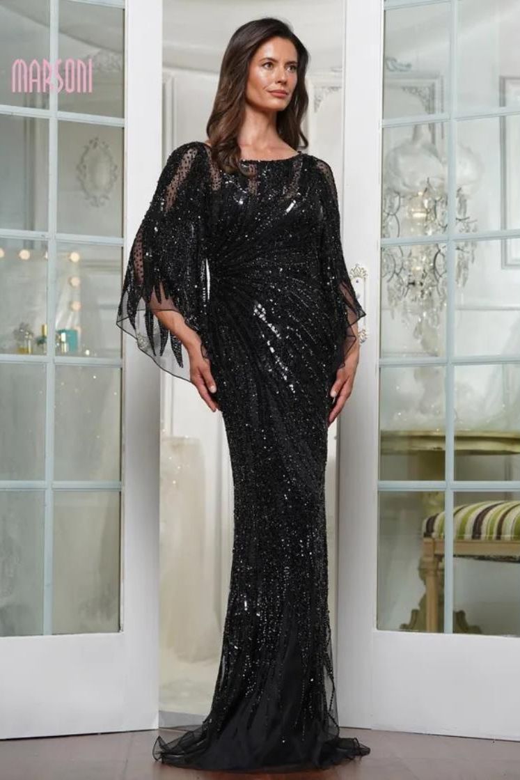 Marsoni by Colors  -MV1344 Bateau Neckline With Cape Sleeves Evening Gown