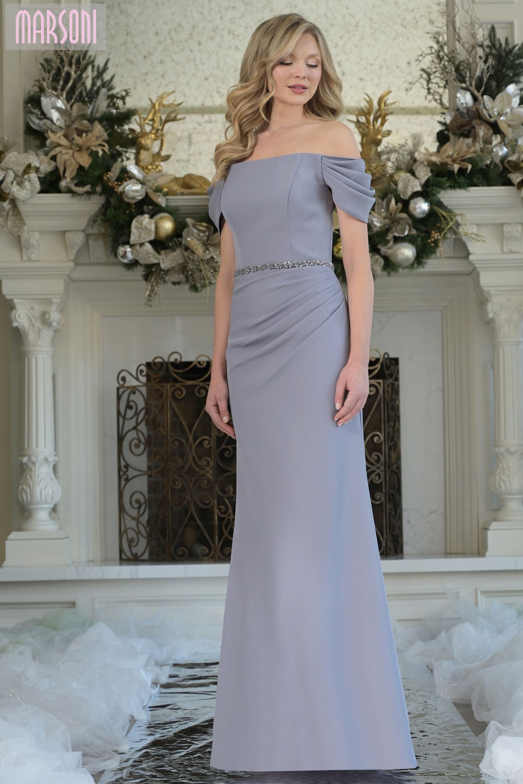 off the shoulder stretch crepe dress Marsoni by Colors -MV1352 Off The Shoulder Stretch Crepe Gown 14 / GREY