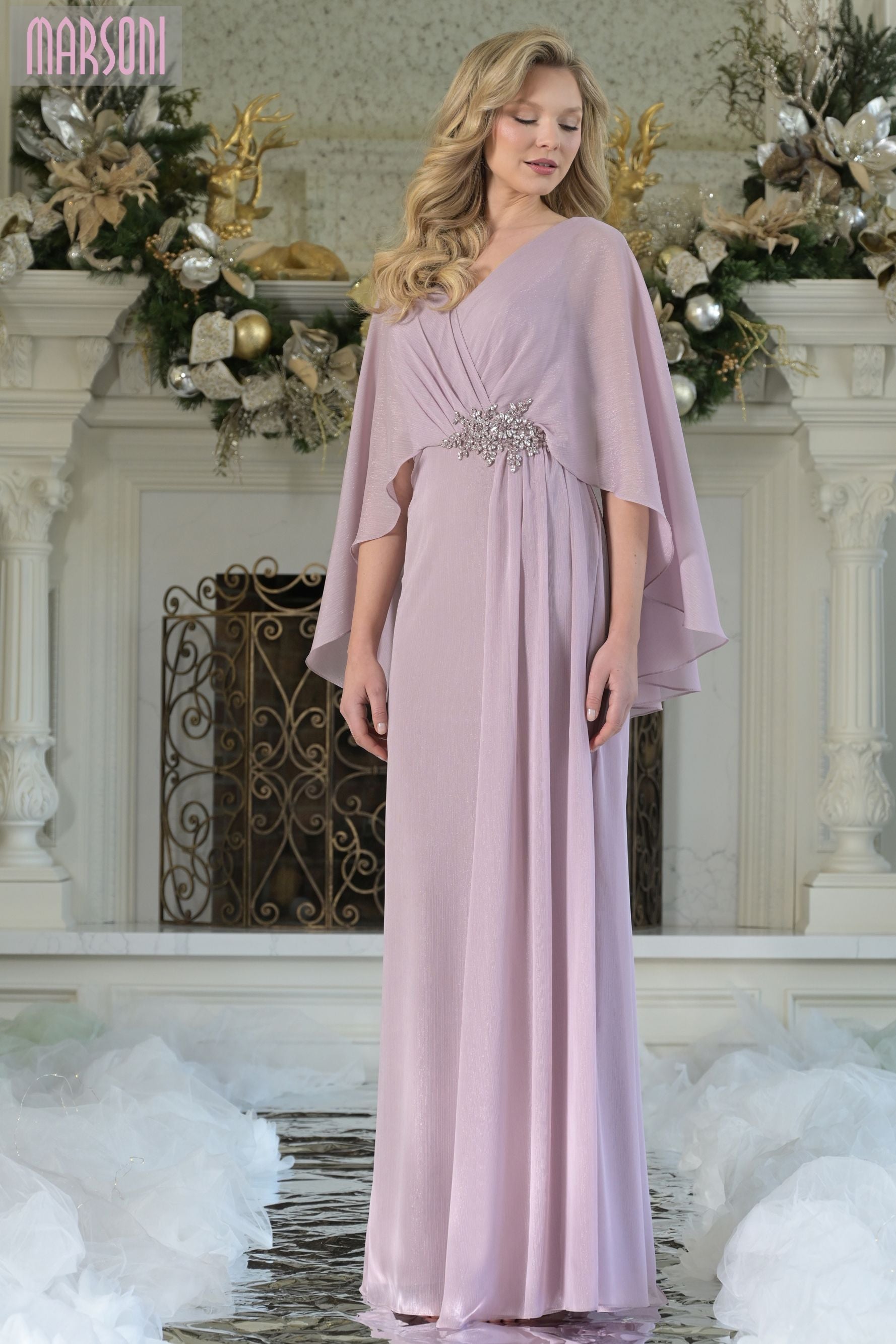 Marsoni by Colors -MV1361 V-Neck A-line Metallic Chiffon Gown