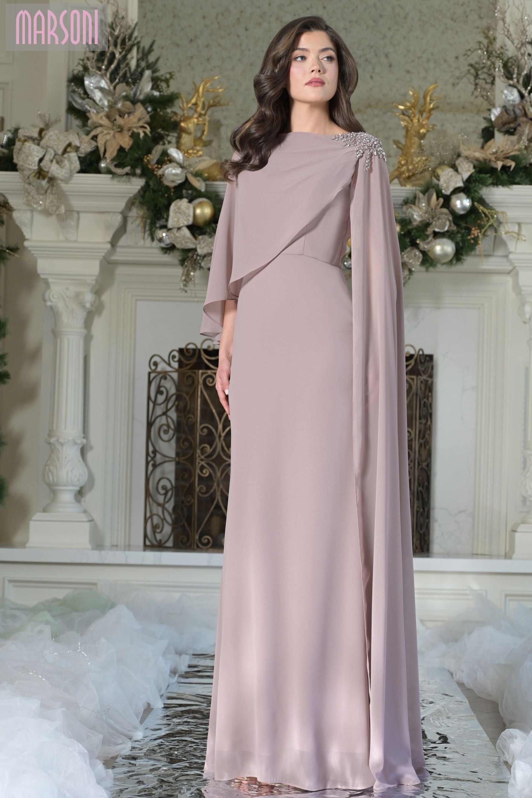 Marsoni by Colors -MV1362 Bateau Sheath Long Chiffon Gown