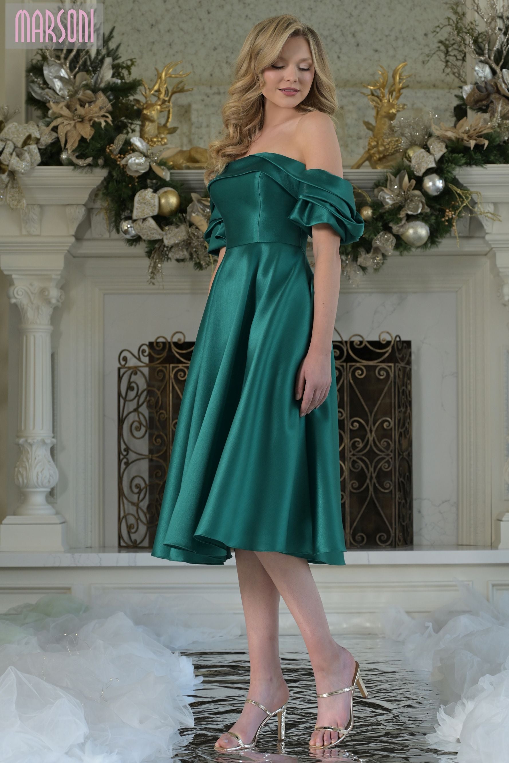 Marsoni by Colors -MV1369 Off Shoulder Tea-Length Dress