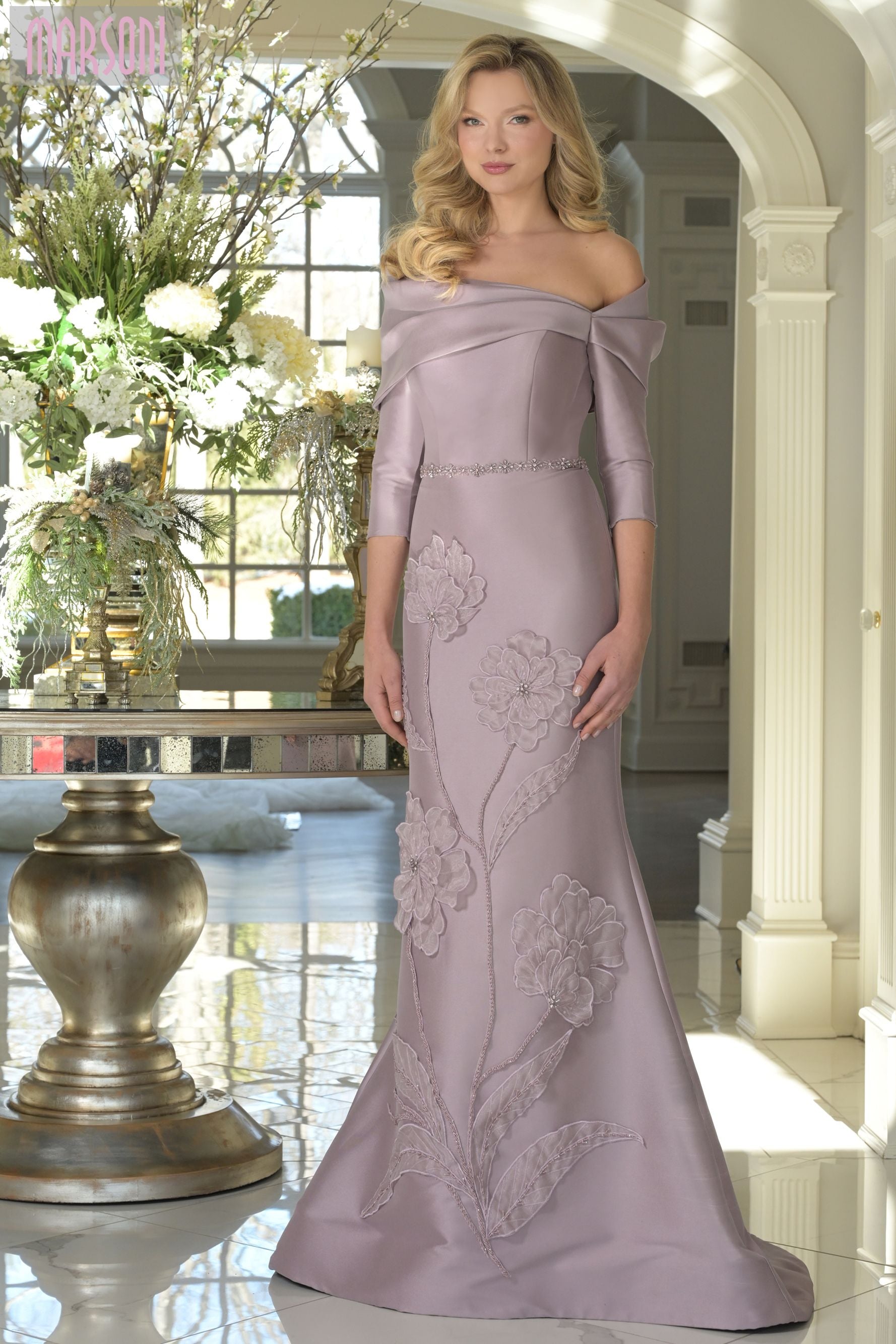 Marsoni by Colors -MV1374 Off-Shoulder Floral Applique Gown