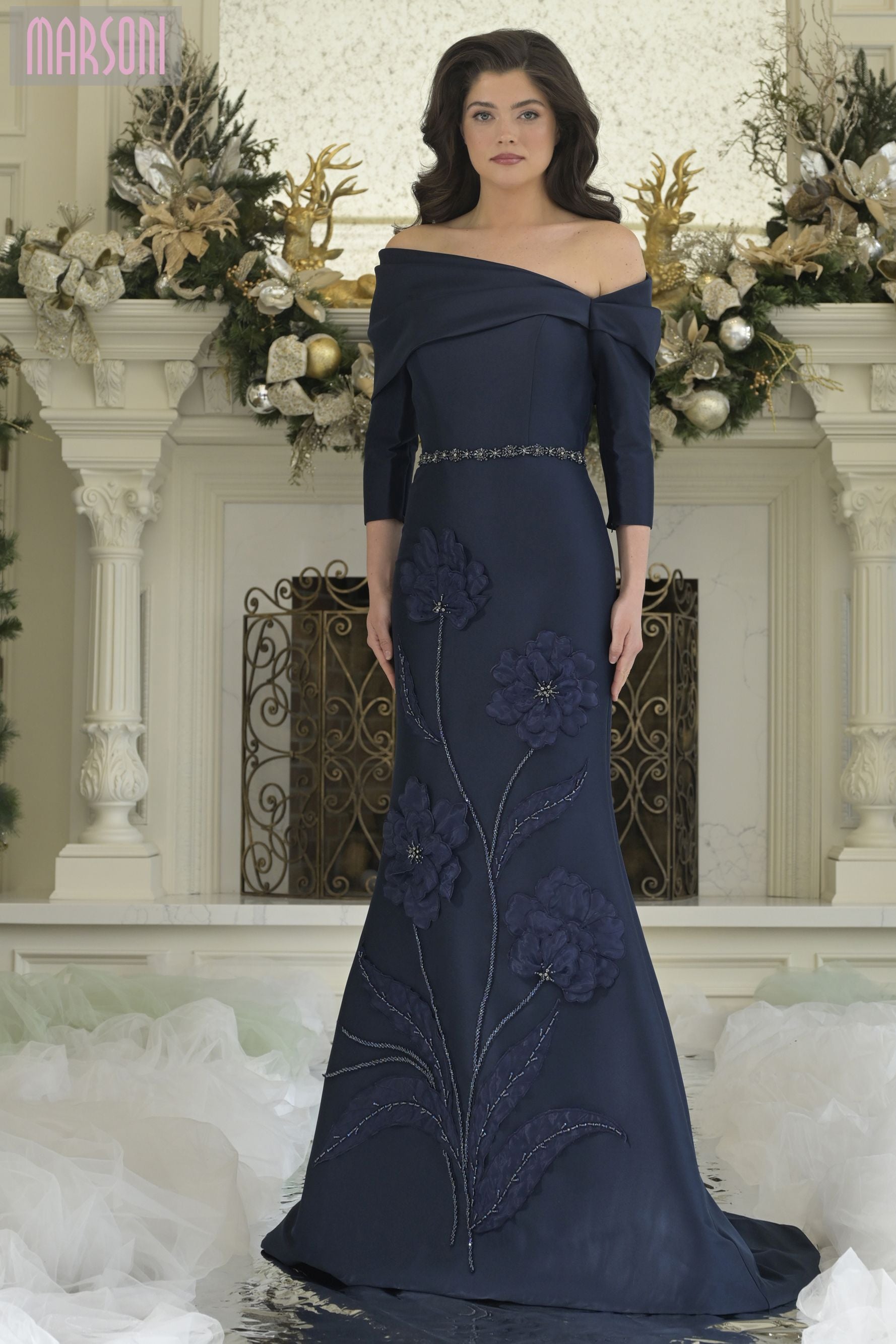 Marsoni by Colors -MV1374 Off-Shoulder Floral Applique Gown