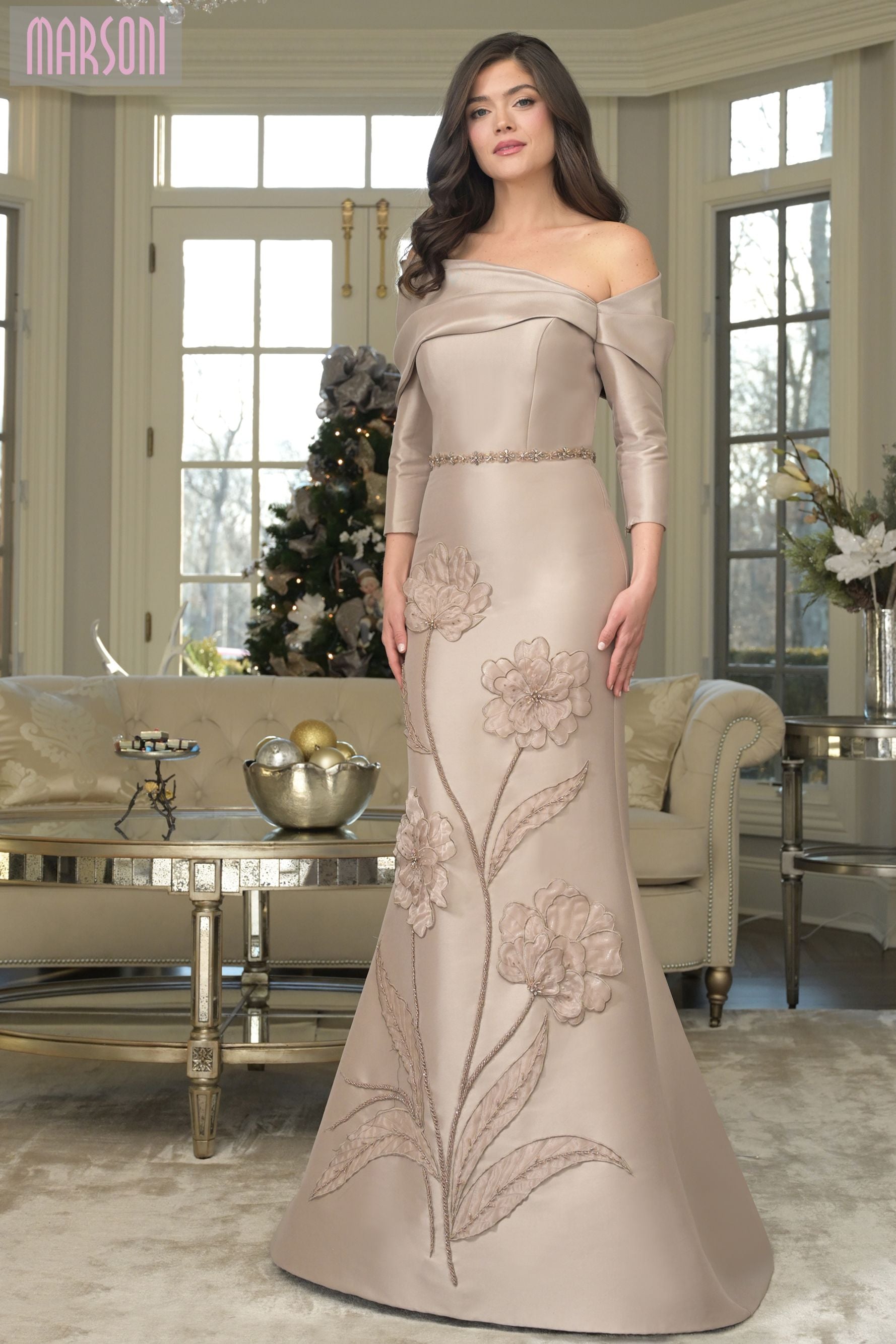 Marsoni by Colors -MV1374 Off-Shoulder Floral Applique Gown