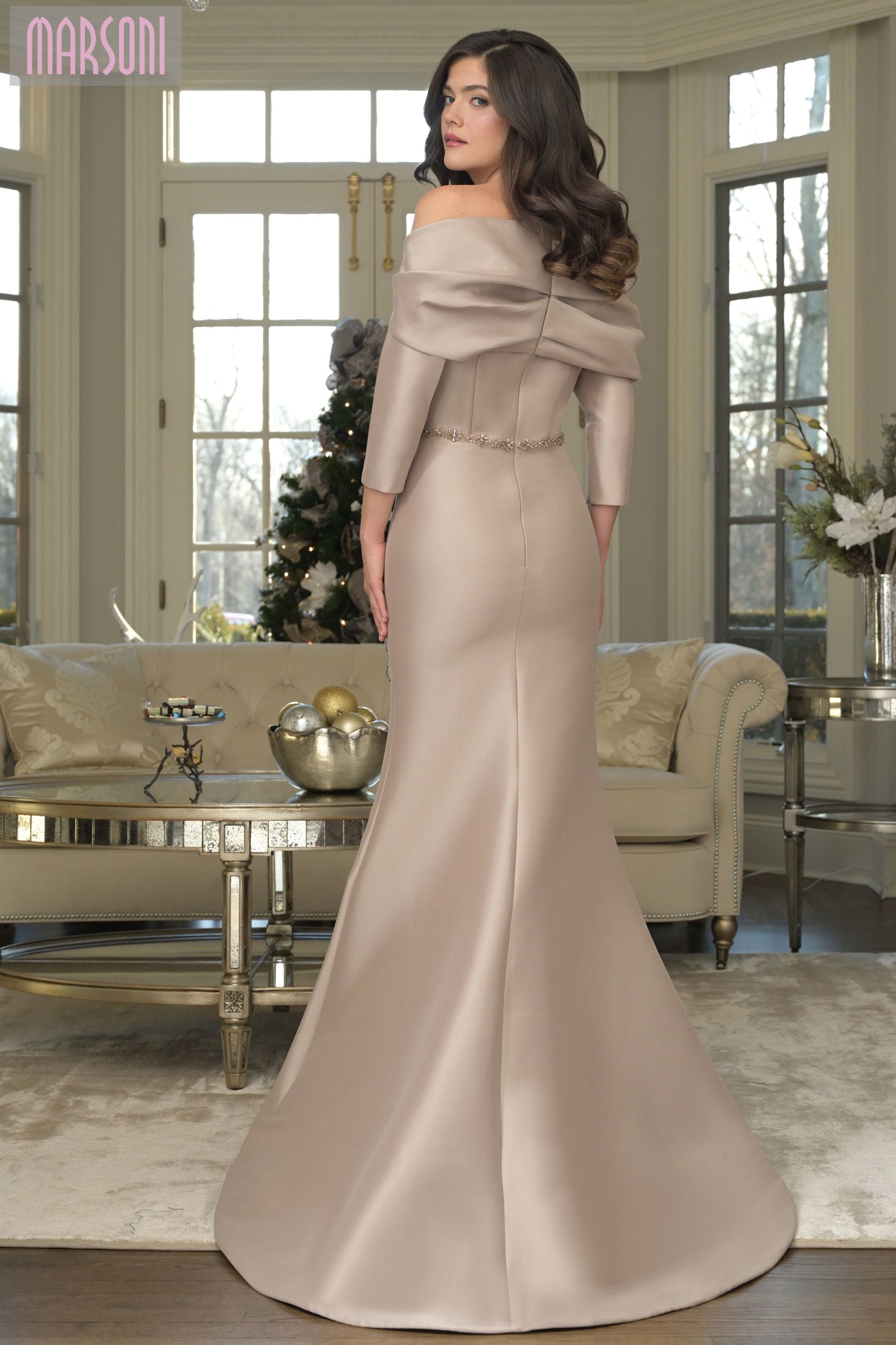 Marsoni by Colors -MV1374 Off-Shoulder Floral Applique Gown