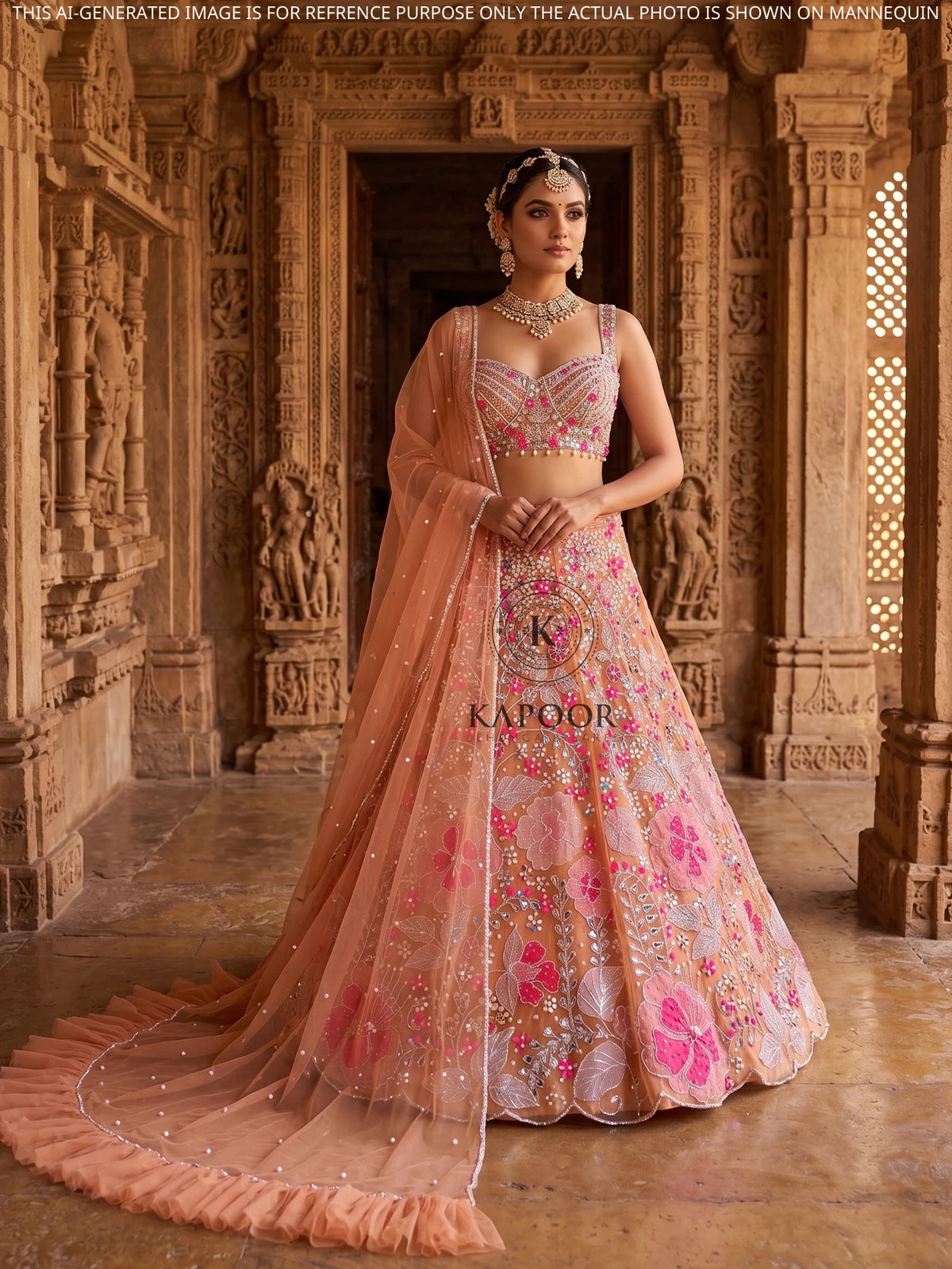 MyFashion KLS-2676 Zehra Peach Veil Thread Sequin Mirror Net Lehenga