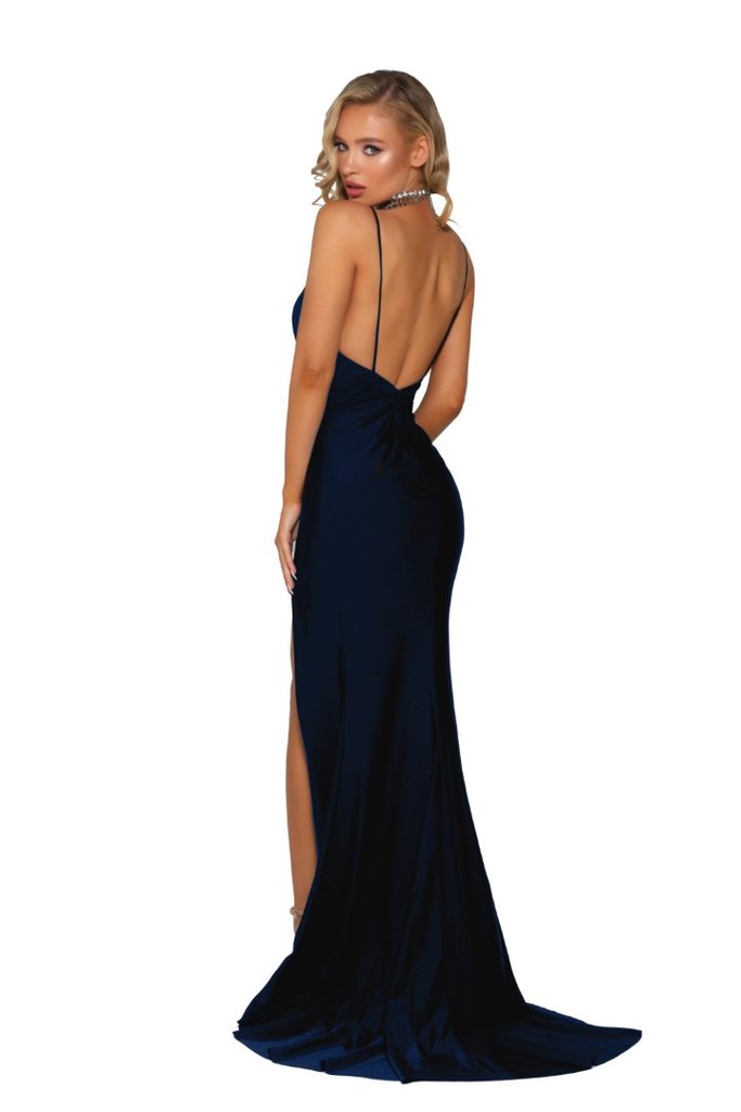 Plunged V-Neck High Slit Sheath Gown By Portia And Scarlett -PS6322