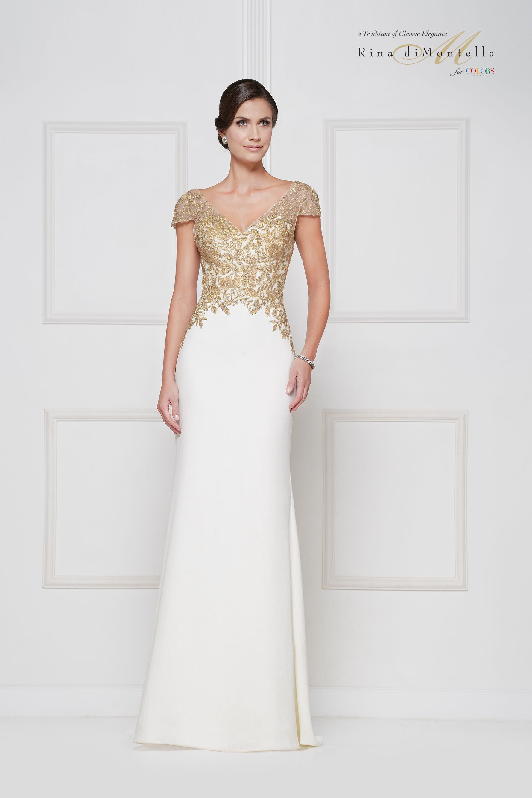 Rina Di Montella -RD2652 Metallic Lace Bodice Small Cap Sleeves Dress