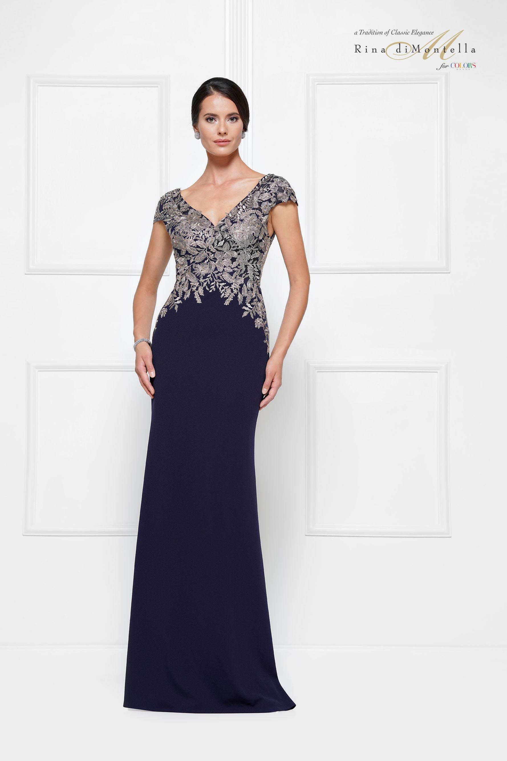 Rina Di Montella -RD2652 Metallic Lace Bodice Small Cap Sleeves Dress