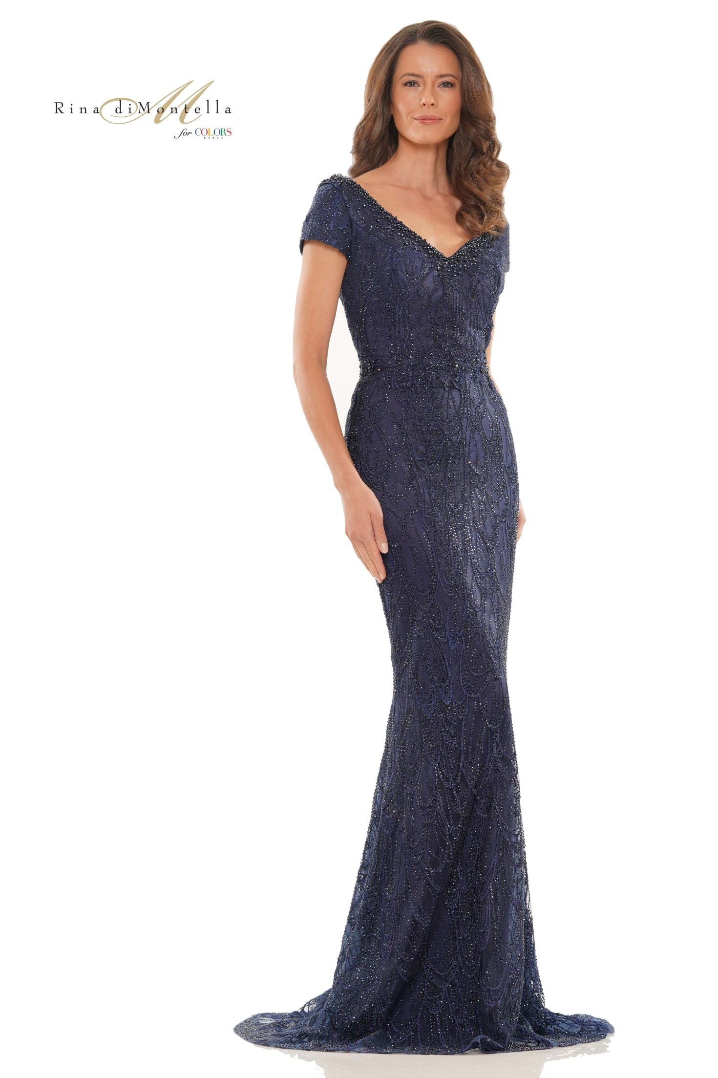 Rina Di Montella -RD2716-1 Embroidery Short Sleeves V Neck Dress