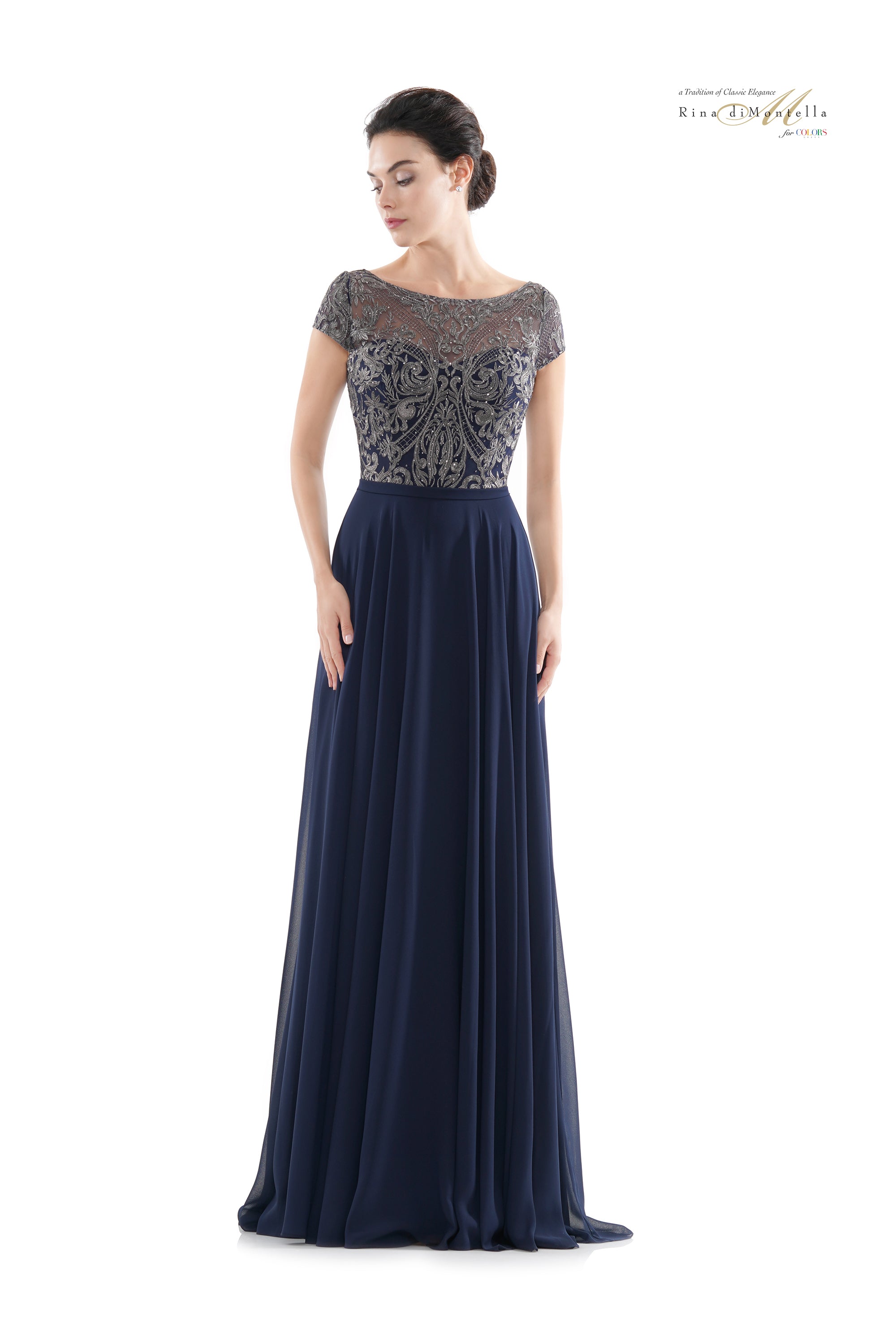 Rina Di Montella Sheer Neck Embroidered Bodice Chiffon Gown -RD2719