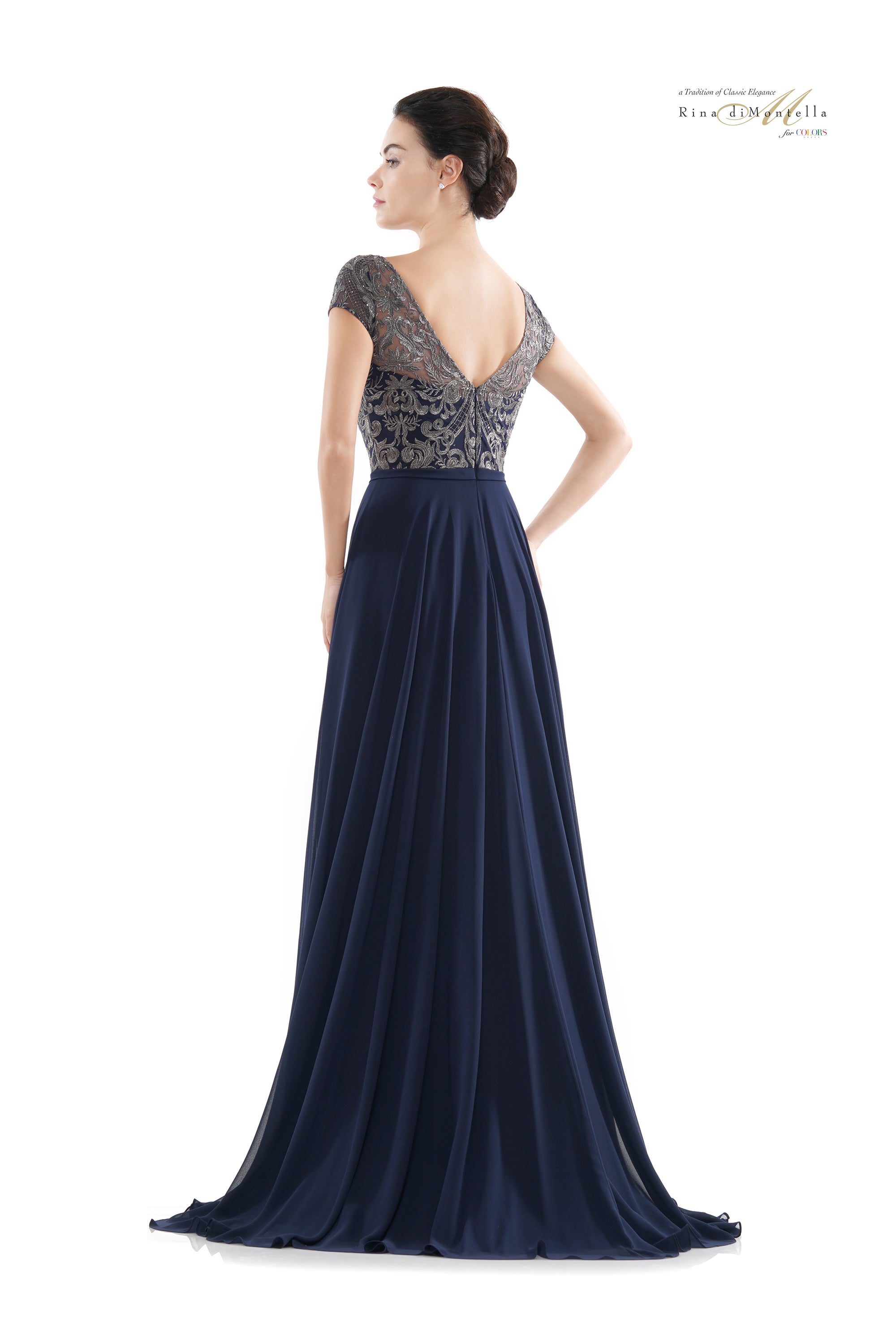 Rina Di Montella Sheer Neck Embroidered Bodice Chiffon Gown -RD2719