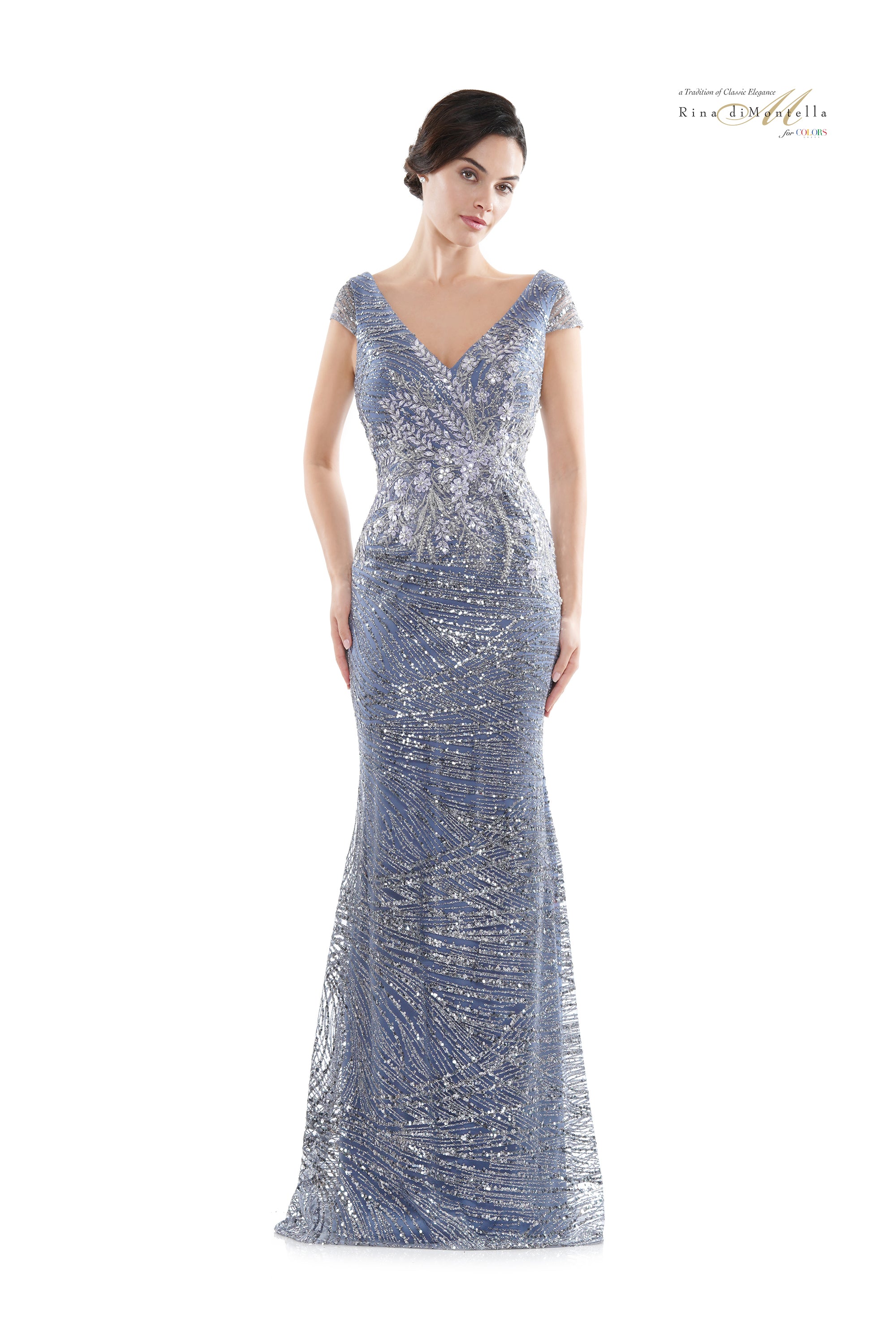 Rina Di Montella V-Neck 3D Floral Appliqued Glitter Gown -RD2723