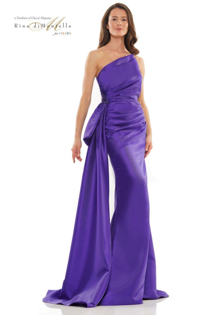 Rina Di Montella -RD2750-1 Beaded Ruched Satin Sheath Dress