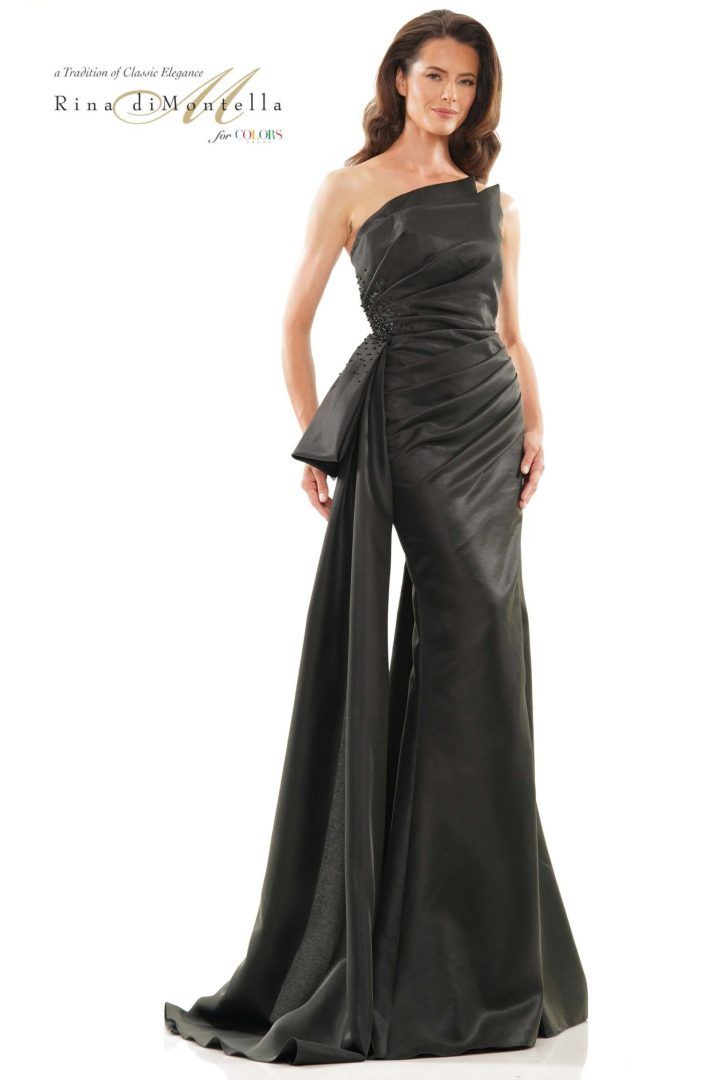 Rina Di Montella -RD2750-1 Beaded Ruched Satin Sheath Dress
