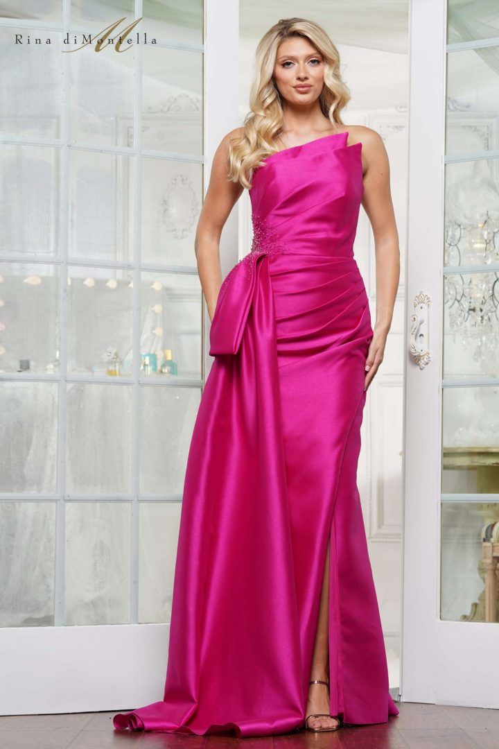 Rina Di Montella -RD2750-1 Beaded Ruched Satin Sheath Dress