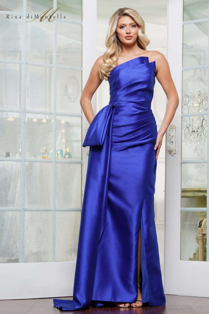 Rina Di Montella -RD2750-1 Beaded Ruched Satin Sheath Dress