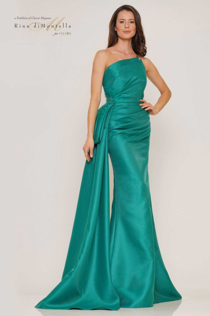 Rina Di Montella -RD2750-1 Beaded Ruched Satin Sheath Dress