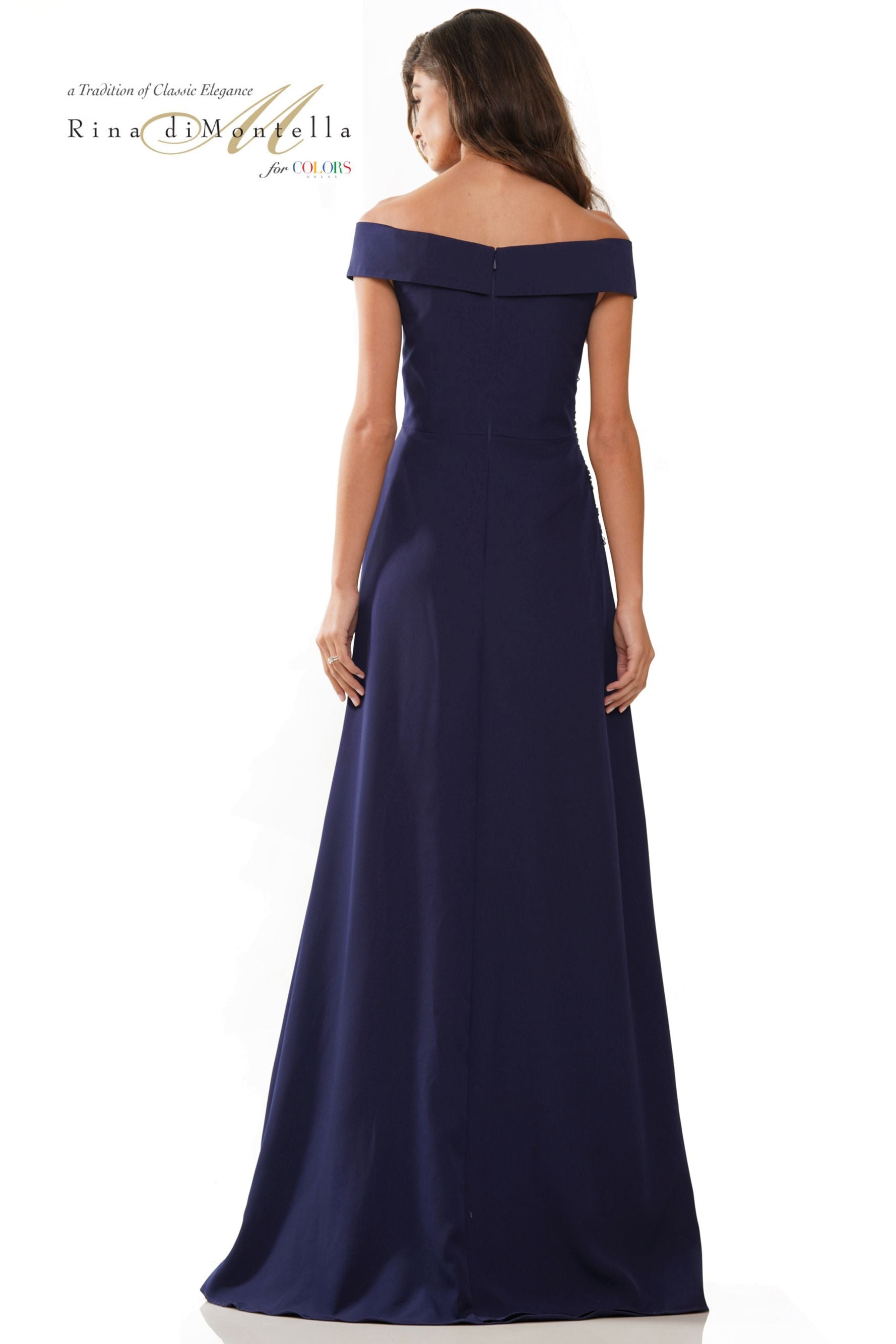 off shoulder column dress Rina Di Montella -RD2806-1 Off Shoulder Column dress 18 / GREY