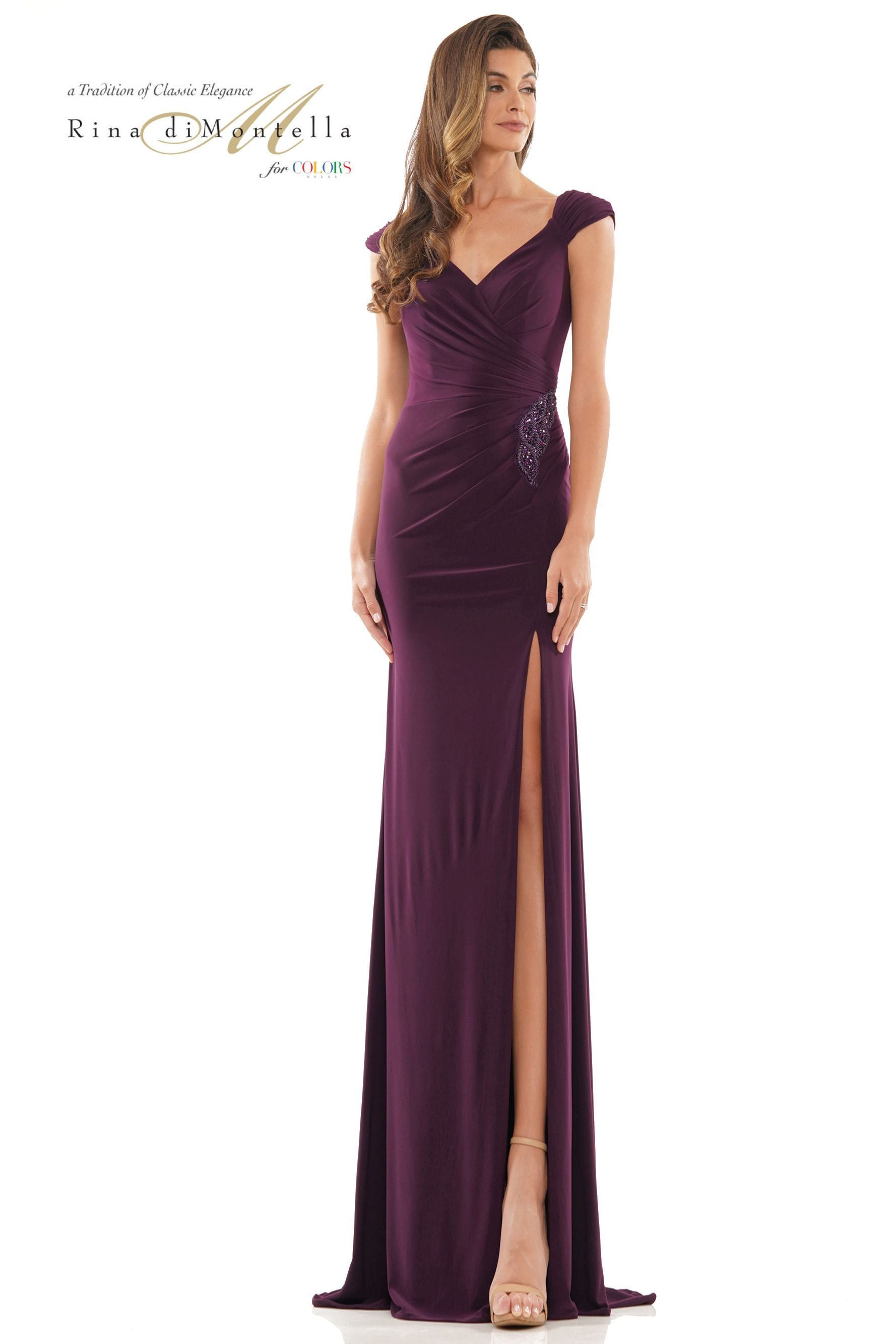 Rina Di Montella Cap Sleeve V-Neck Sheath Formal Gown -RD2824