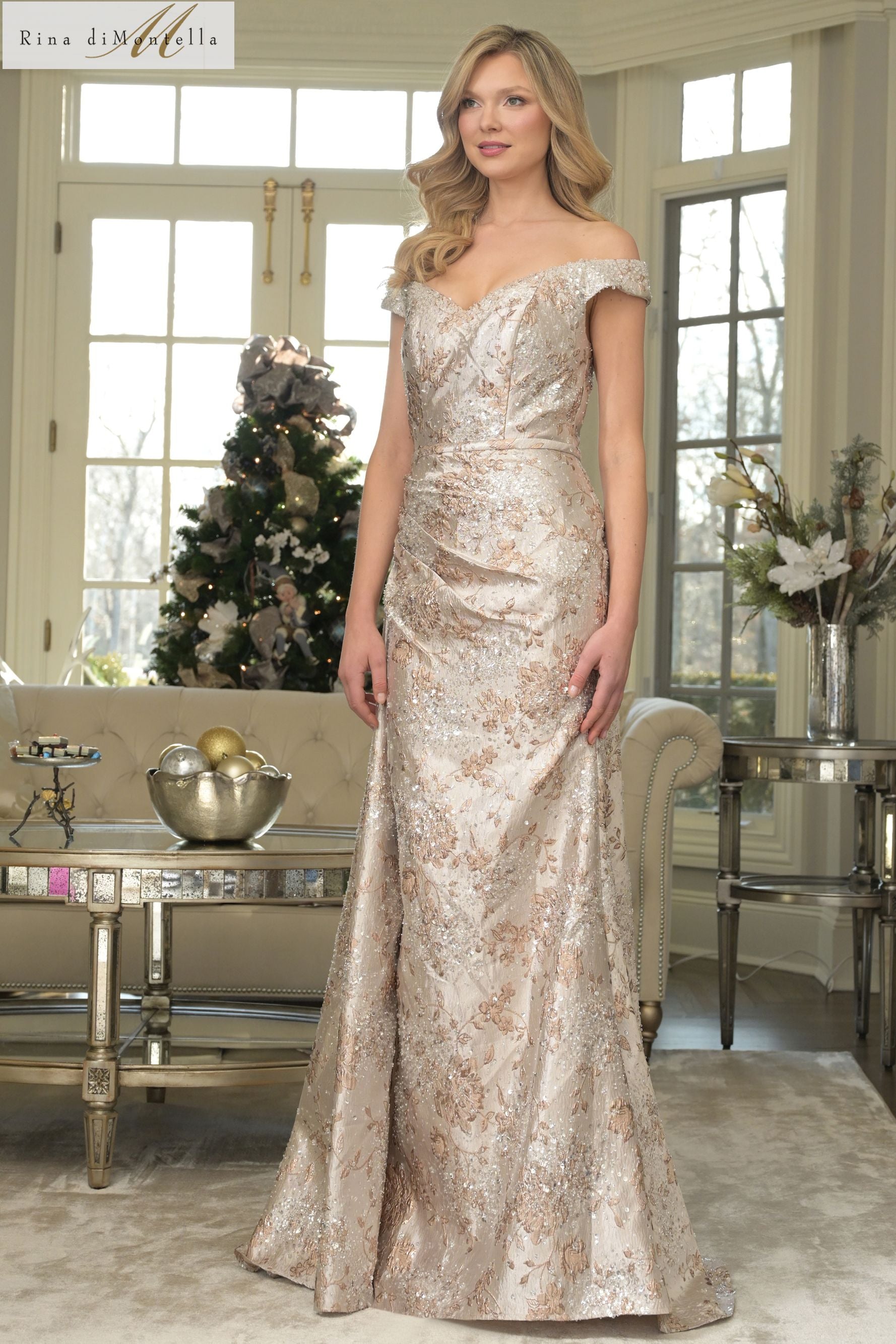 Rina Di Montella -RD2912 Fitted Long V-Neck Evening Dress