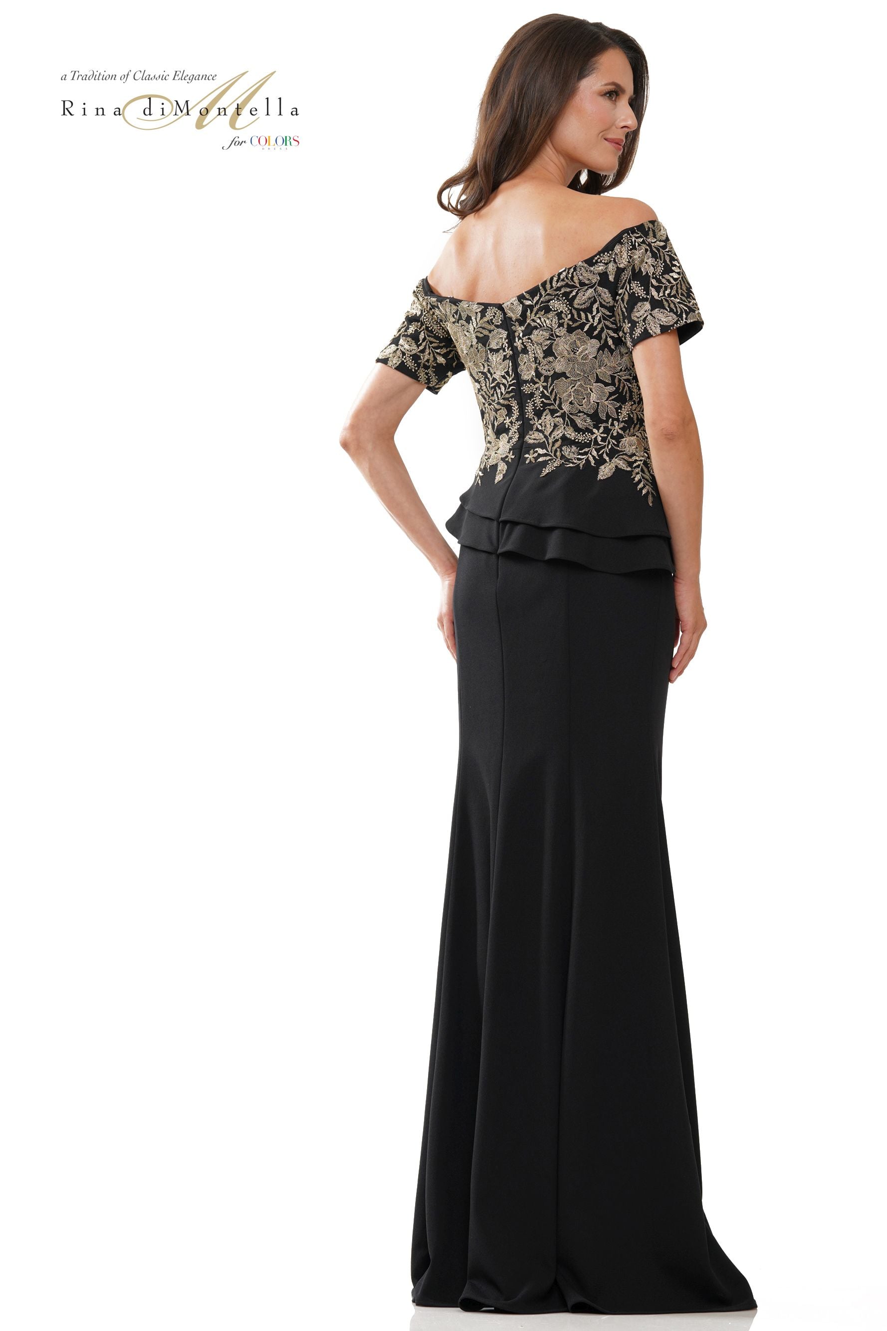 Rina Di Montella Fitted Crepe Peplum V-Neck Long Dress -RD2918