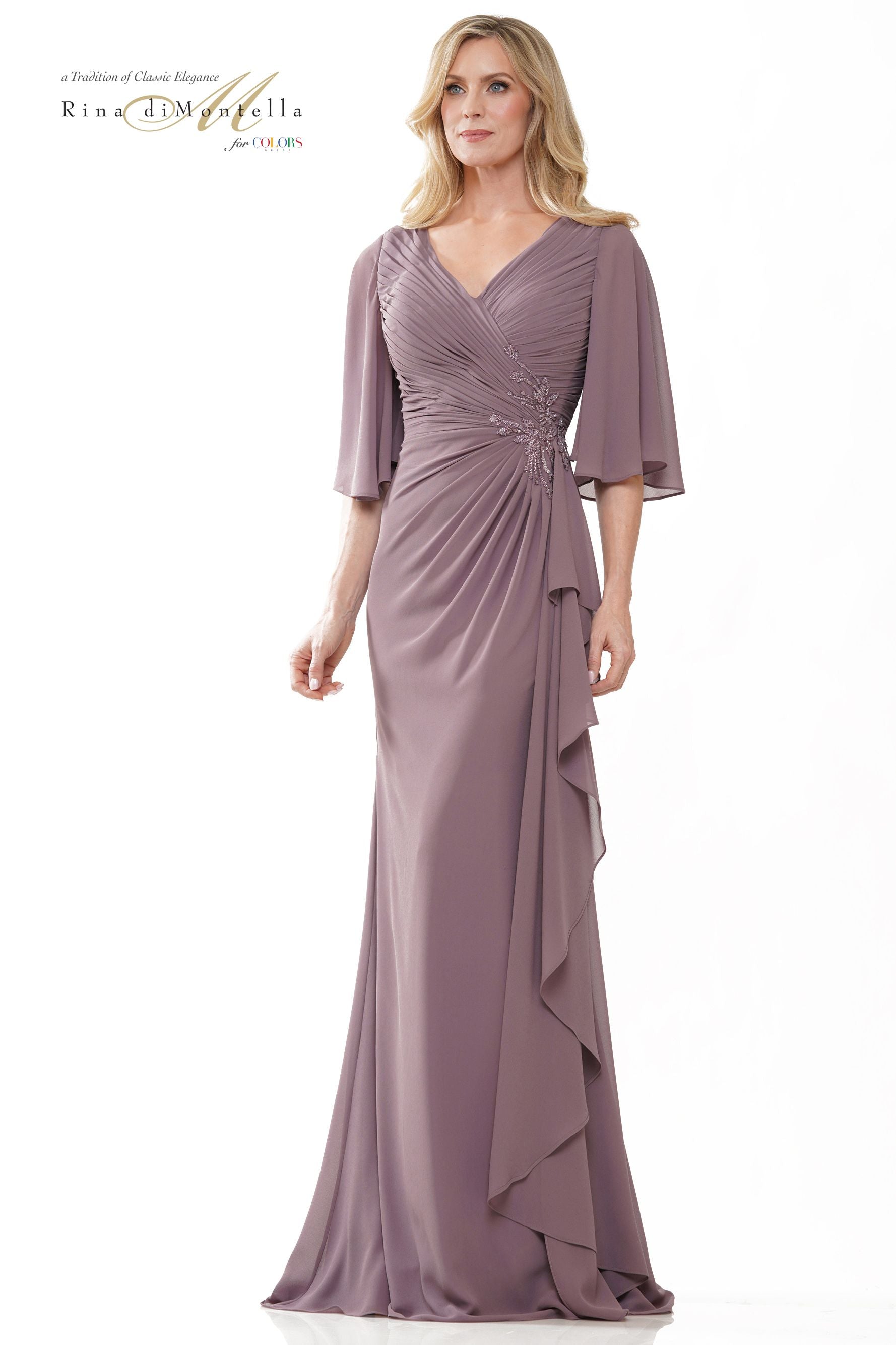 Rina Di Montella Fitted Chiffon 3/4 Length Sleeve V-Neck Long Dress -RD2935