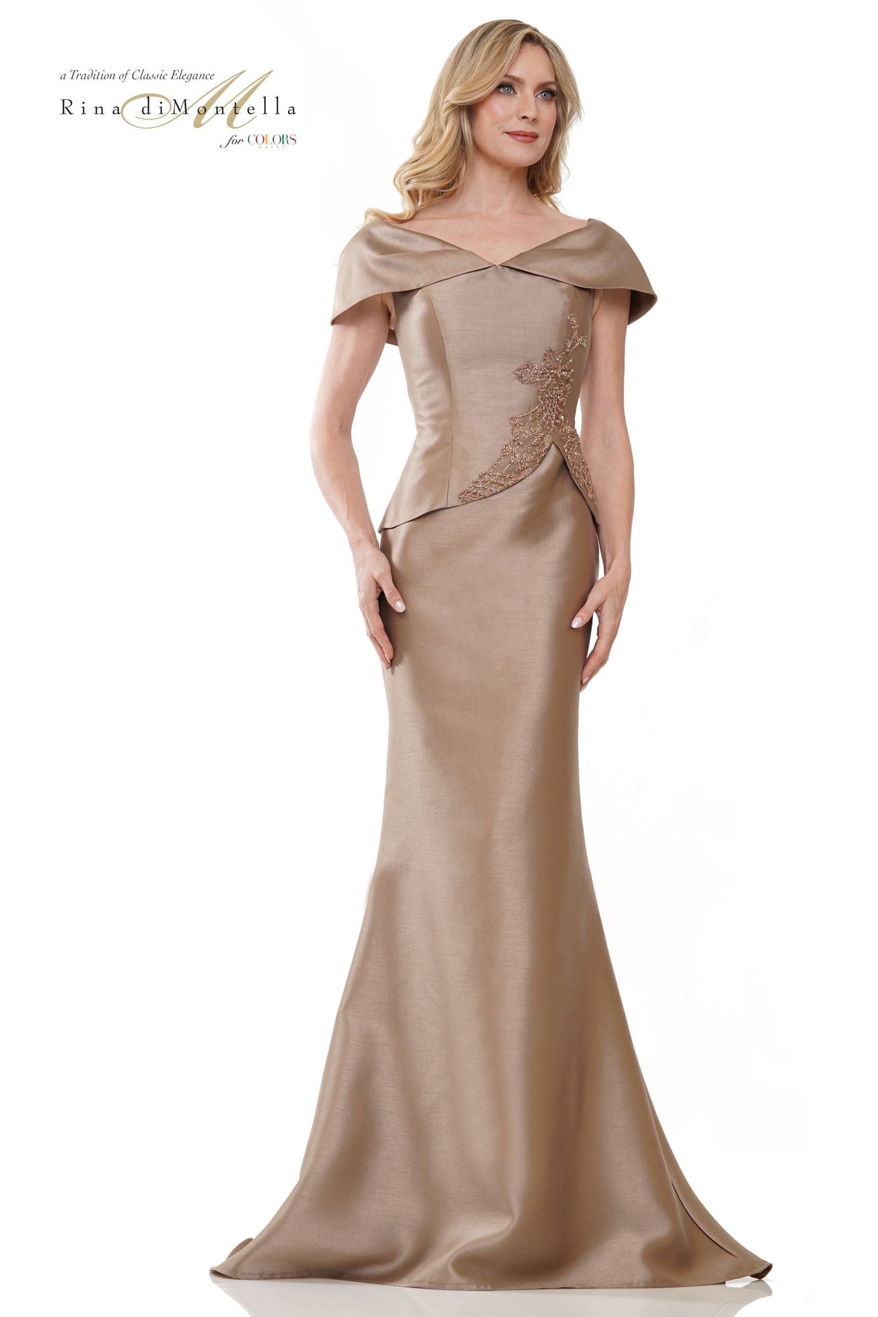 Rina Di Montella Embroidery Peplum V-Neck Evening Dress -RD2941