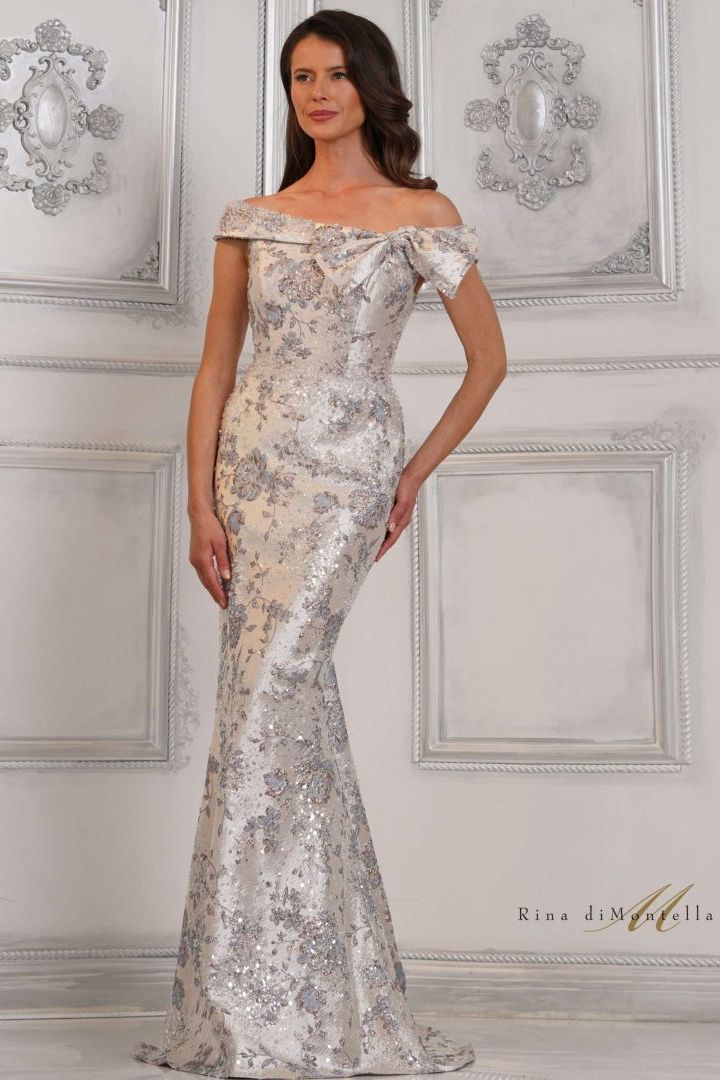 Rina Di Montella -RD3106 Off Shoulder Brocade Sheath Dress 4 / BLUE MULTI
