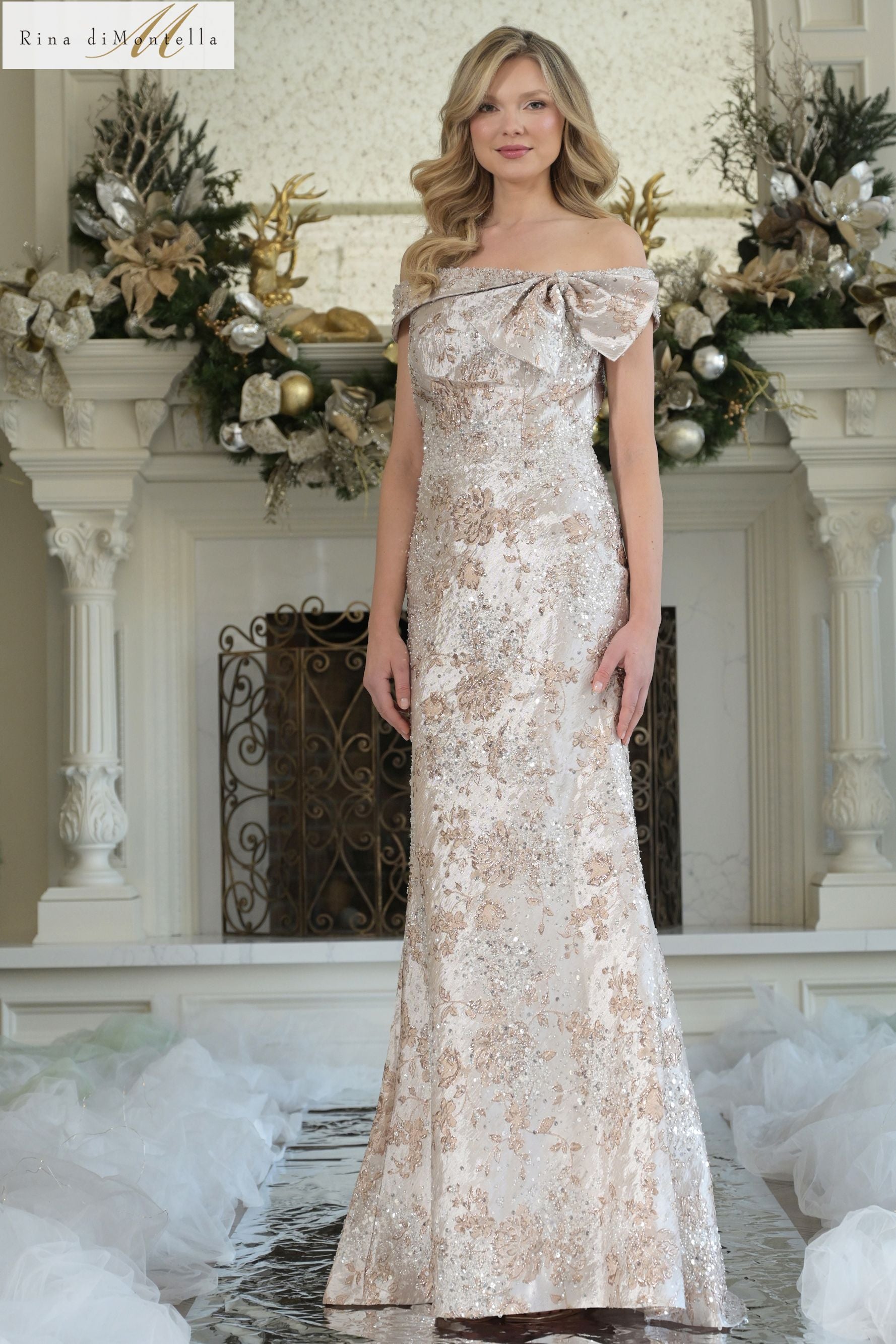 Rina Di Montella -RD3106 Off Shoulder Brocade Sheath Dress