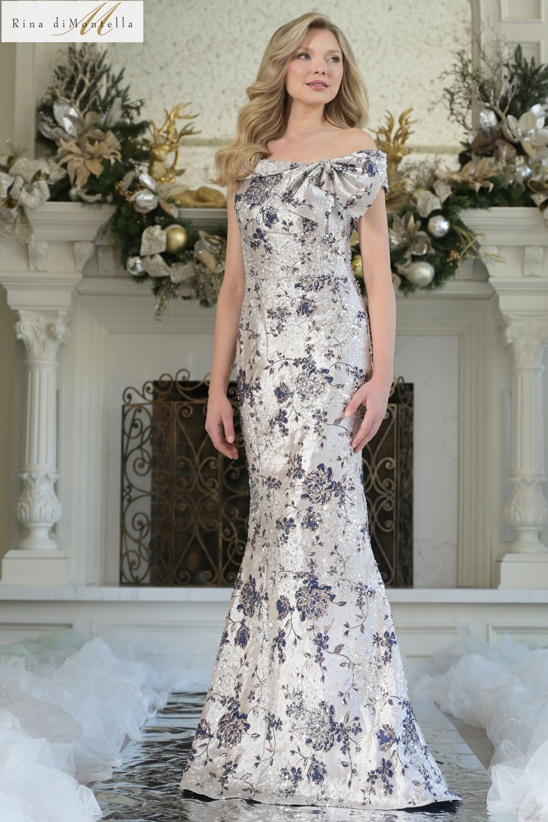 Rina Di Montella -RD3106 Off Shoulder Brocade Sheath Dress