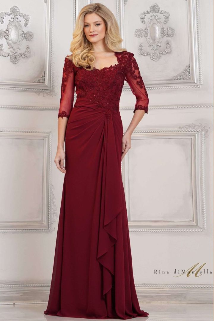 Rina Di Montella -RD3132-1 Embroidered Lace Bodice Chiffon Dress