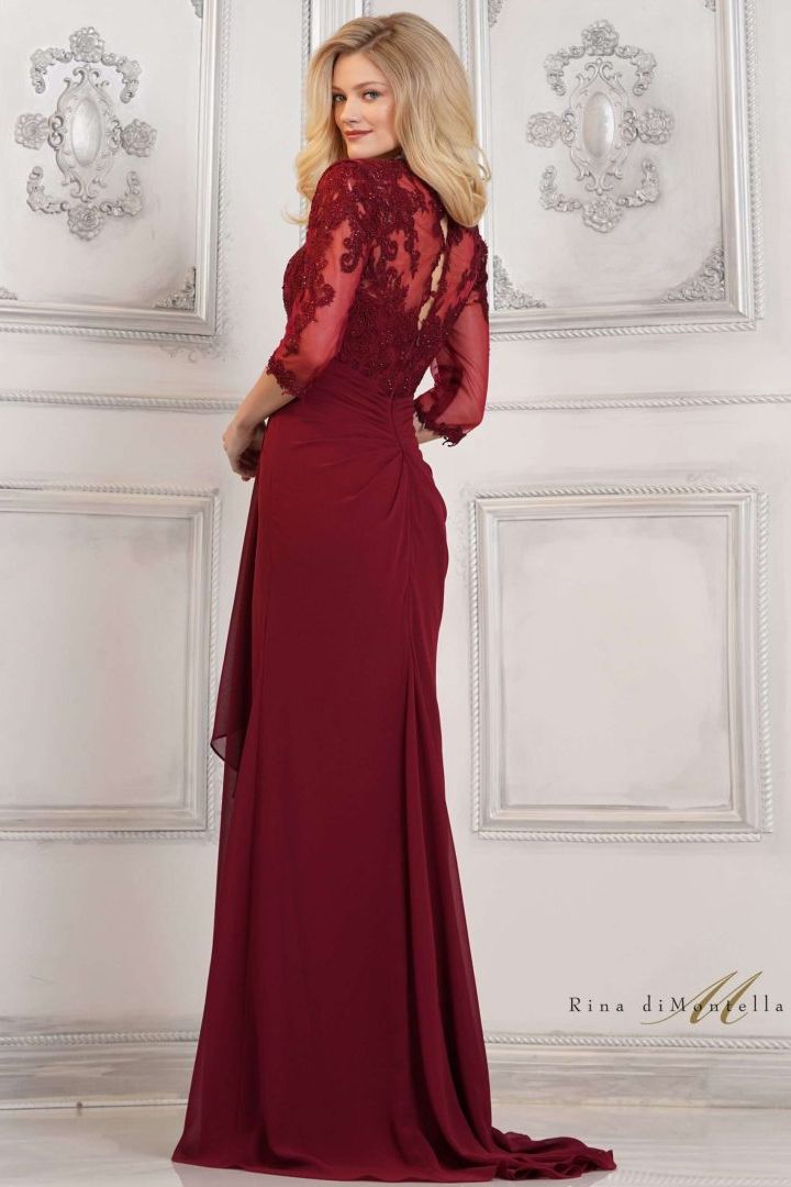 Rina Di Montella -RD3132-1 Embroidered Lace Bodice Chiffon Dress
