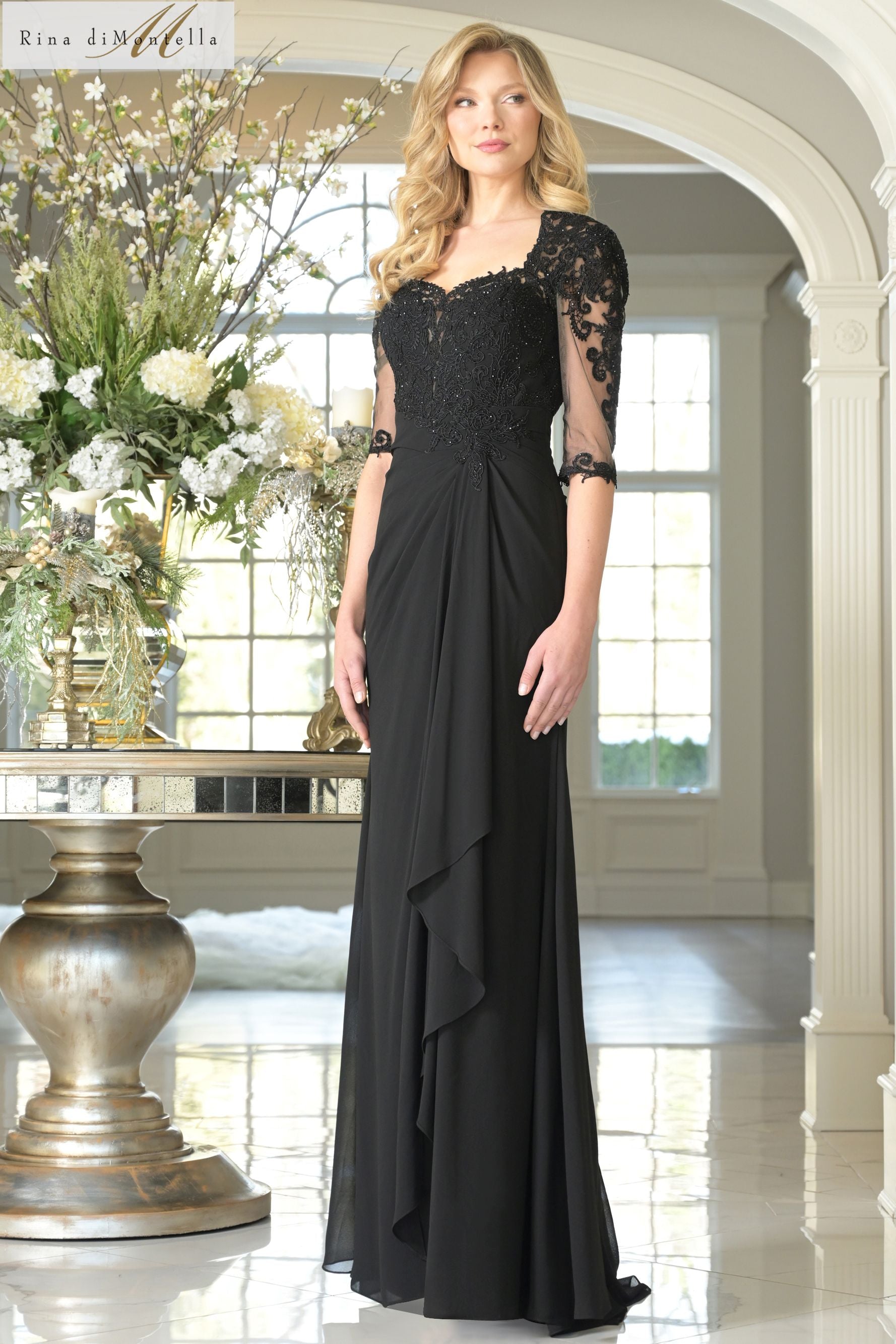 Rina Di Montella -RD3132 Embroidered Lace Bodice Chiffon Dress