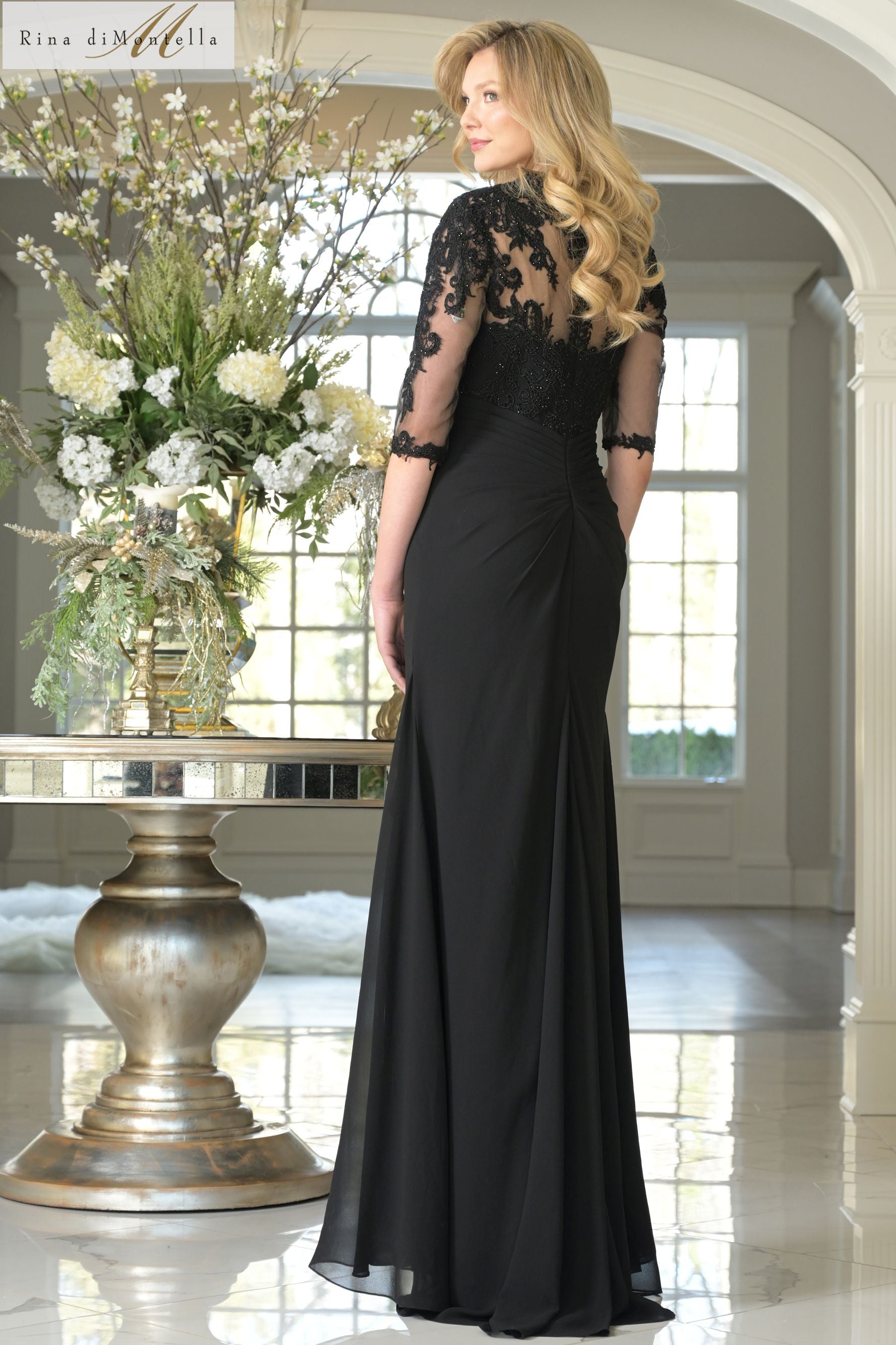 Rina Di Montella -RD3132 Embroidered Lace Bodice Chiffon Dress