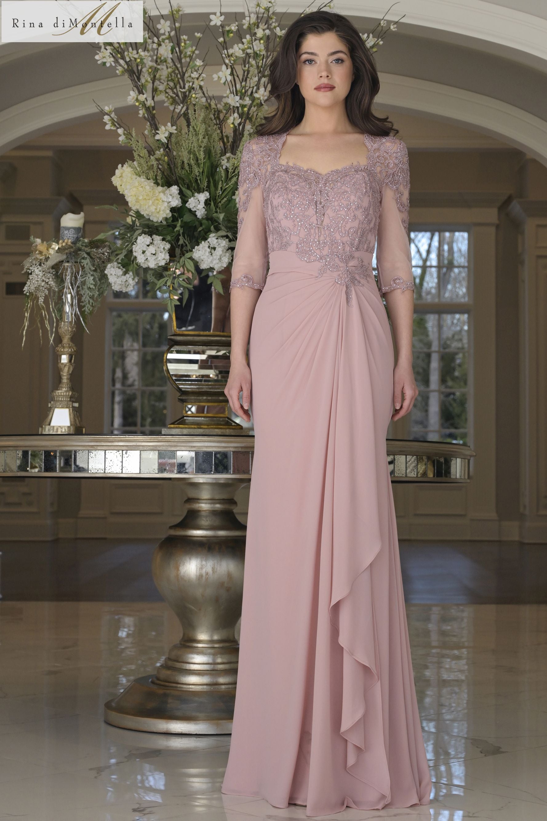 Rina Di Montella -RD3132 Embroidered Lace Bodice Chiffon Dress