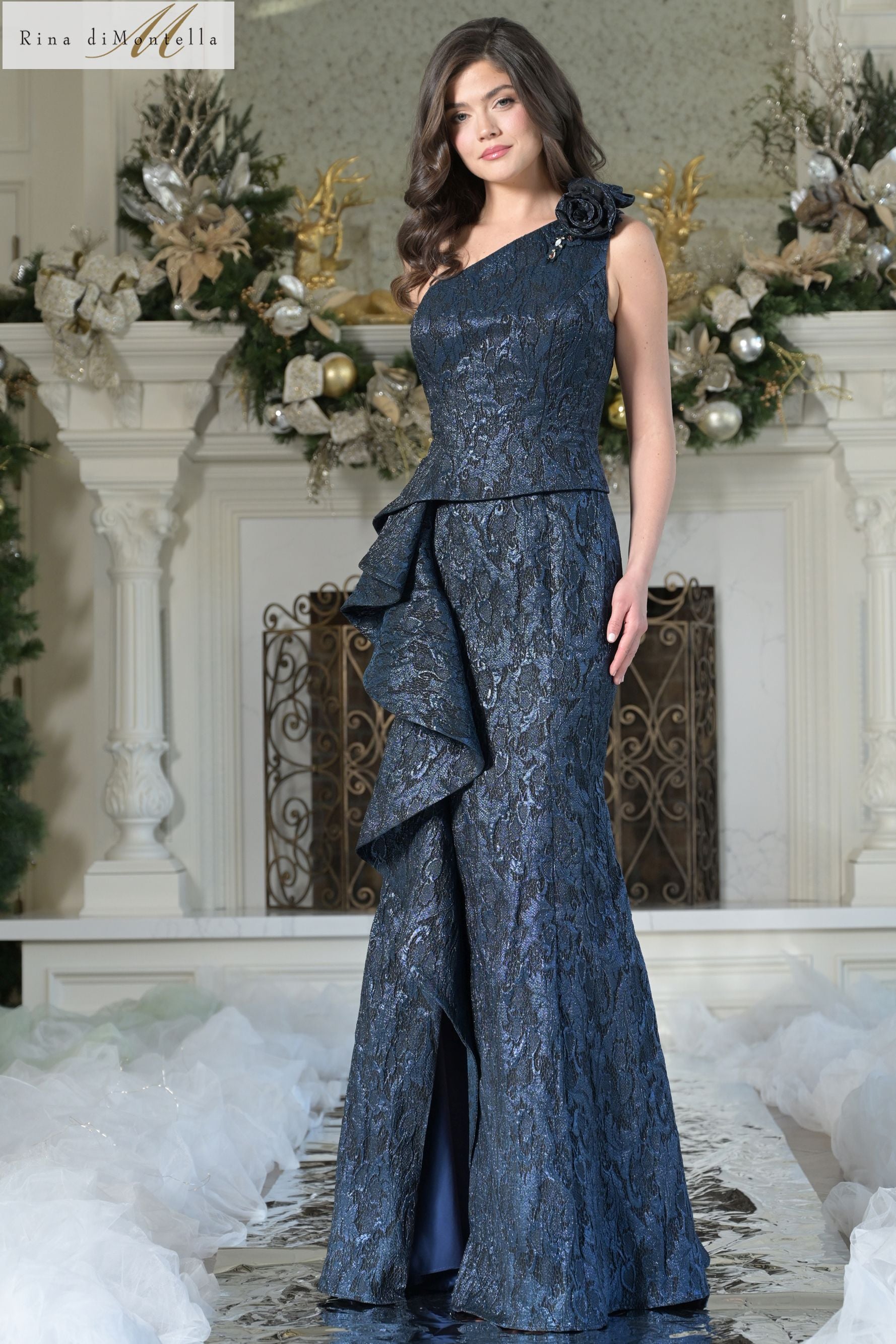 Rina Di Montella -RD3231 Brocade mocked bodice One shoulder Prom Gown