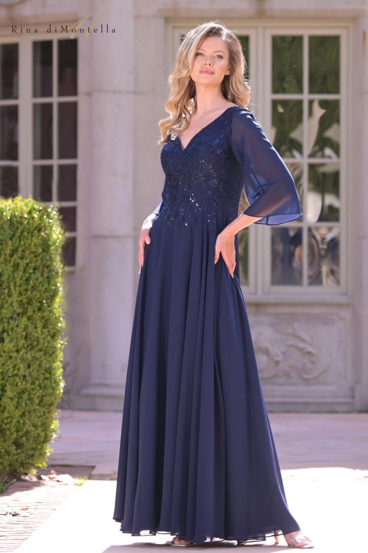 Rina Di Montella -RD3241-1 Chiffon A-Line Gown with Beaded Embroidery Applique