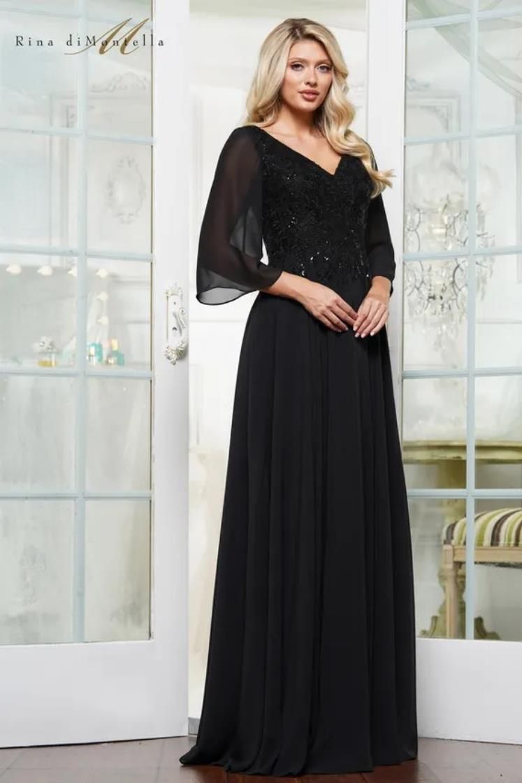 Rina Di Montella -RD3241-1 Chiffon A-Line Gown with Beaded Embroidery Applique