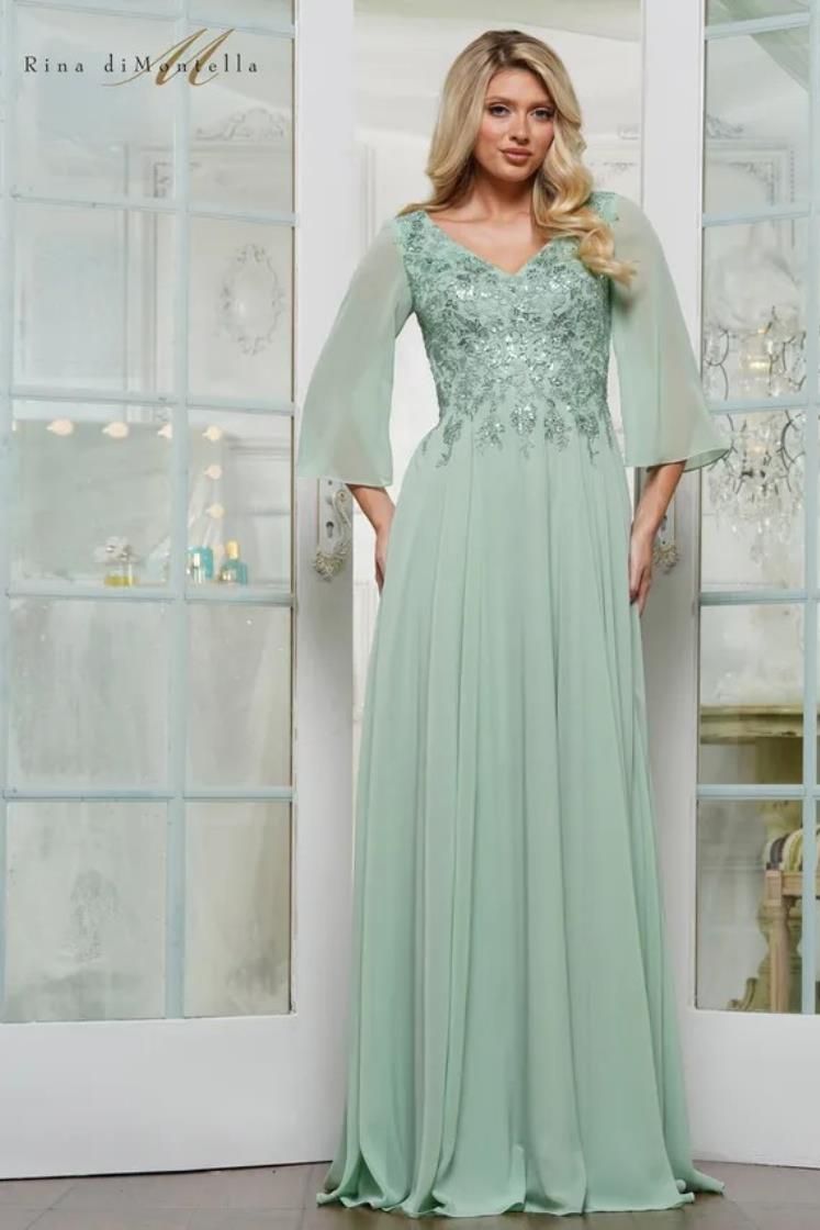 Rina Di Montella -RD3241-1 Chiffon A-Line Gown with Beaded Embroidery Applique