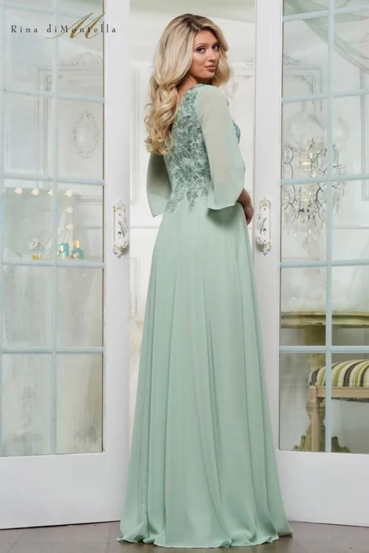 Rina Di Montella -RD3241-1 Chiffon A-Line Gown with Beaded Embroidery Applique
