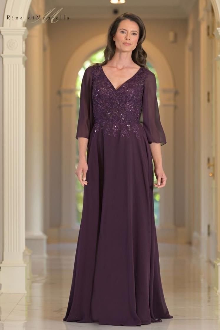 Rina Di Montella -RD3241 Chiffon A-Line Gown with Beaded Embroidery Applique
