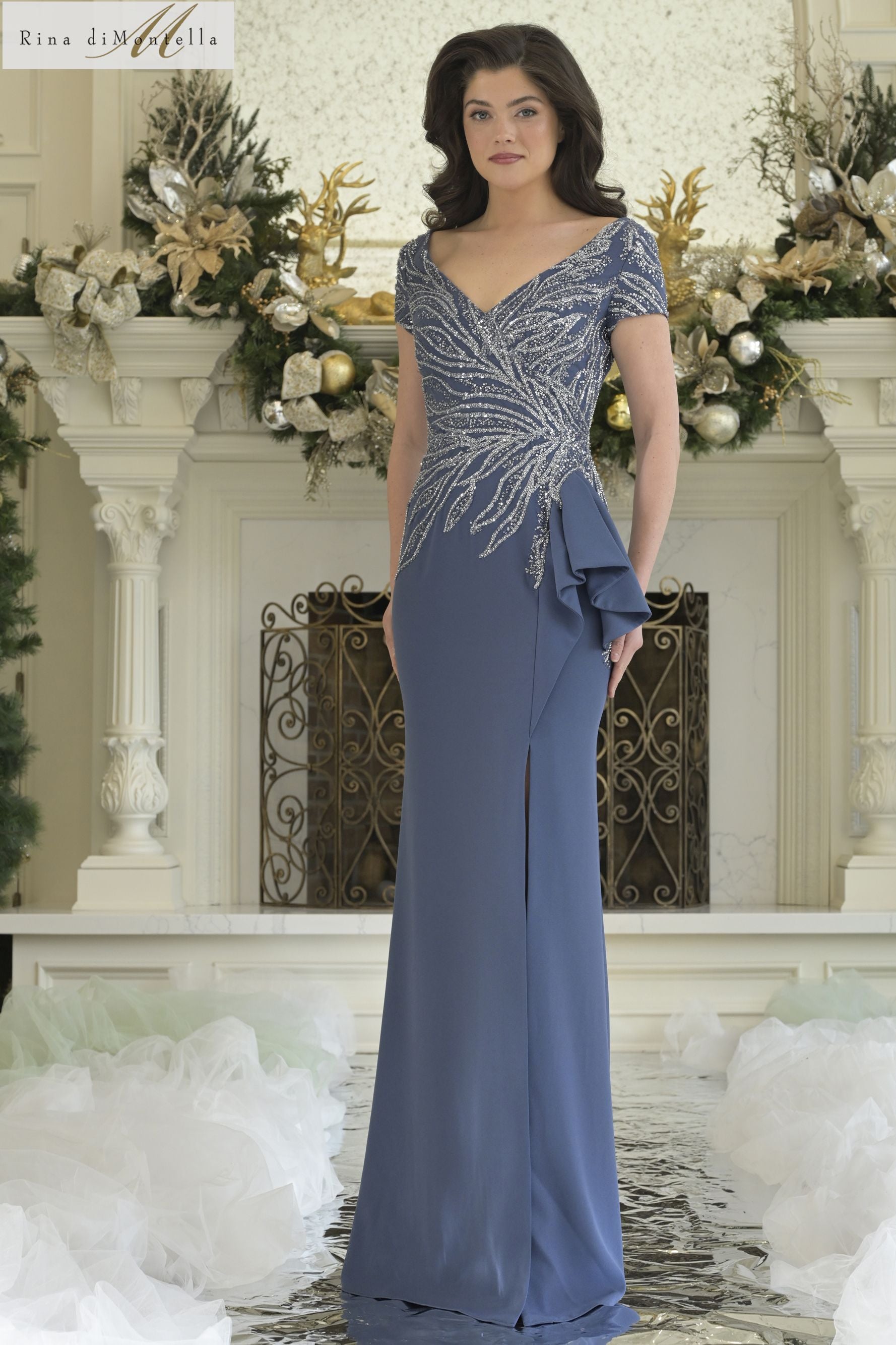 Rina Di Montella -RD3323-1 Beaded Bodice V-Neck Gown
