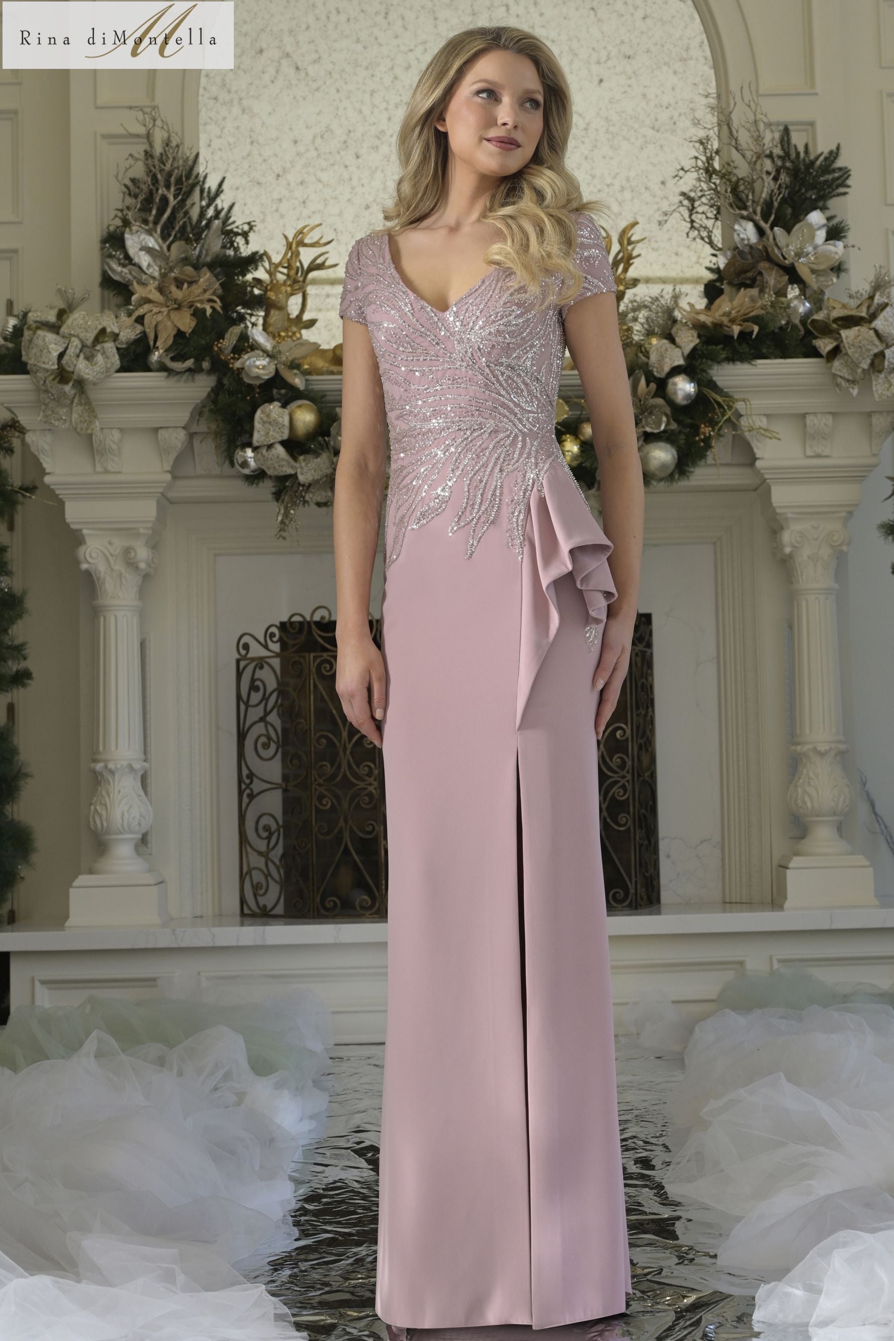 Rina Di Montella -RD3323-1 Beaded Bodice V-Neck Gown