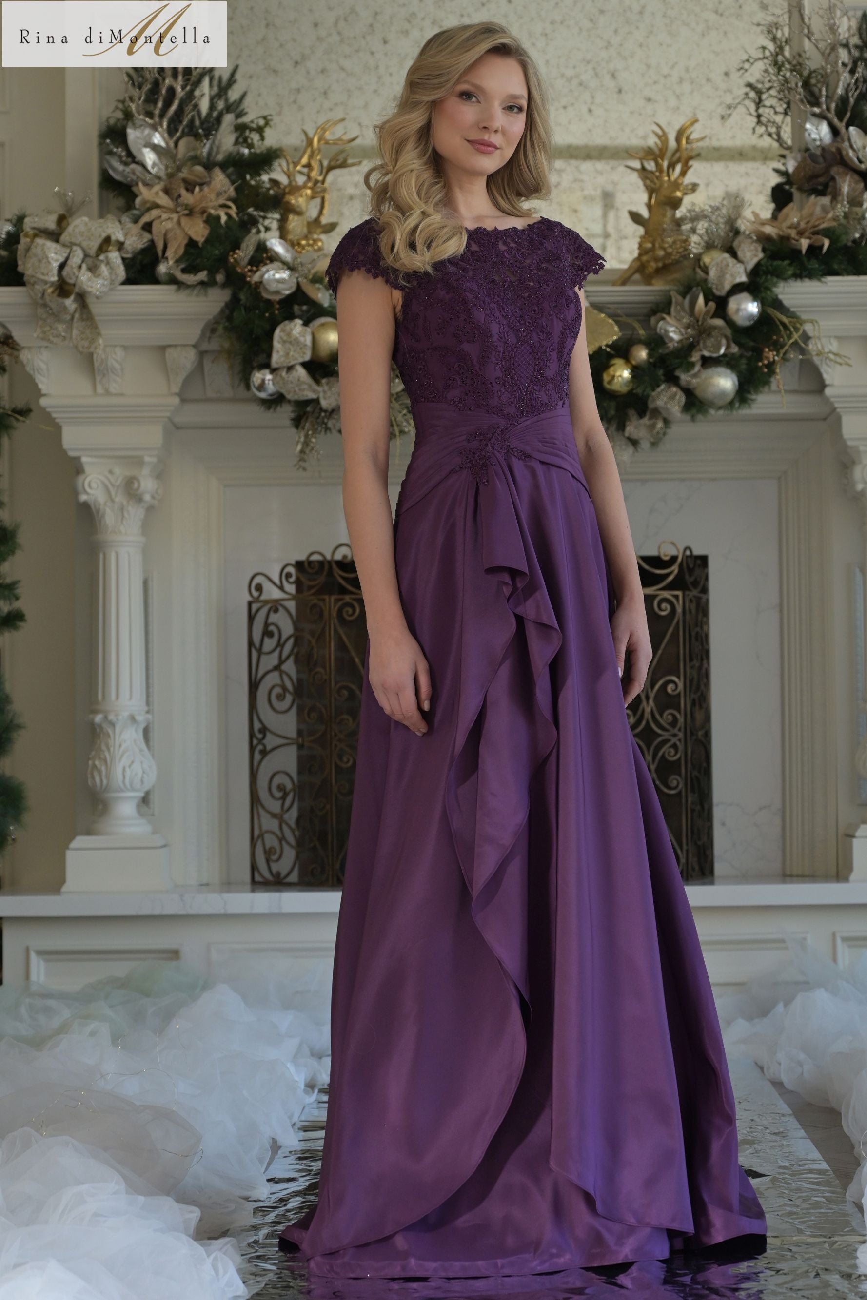 Rina Di Montella -RD3327 Beaded Lace Bodice A-Line Gown